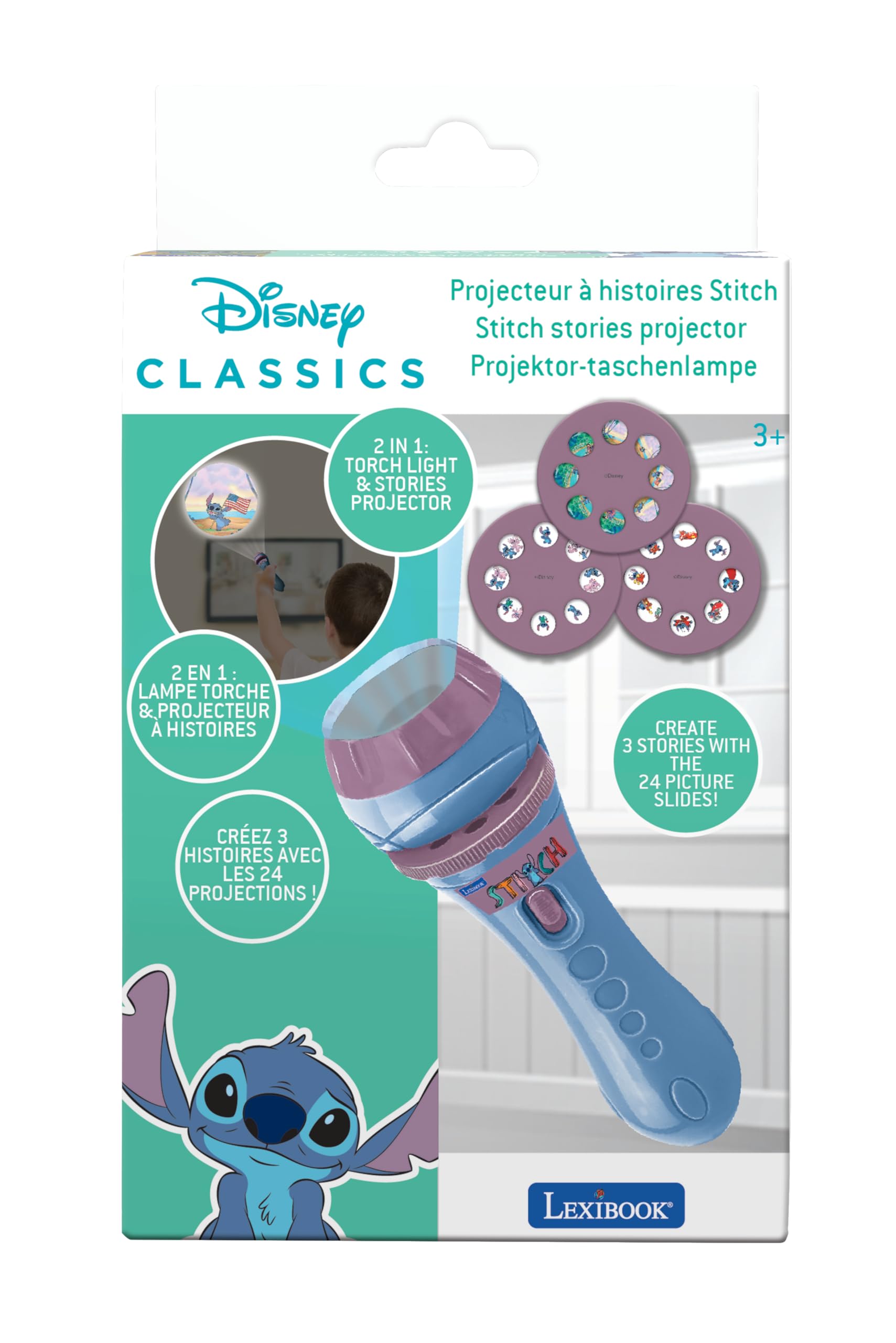 Lexibook Disney Stitch 2-in-1 Torch Light & Projector with 3 Discs - 24 Images for Storytelling, Blue 6