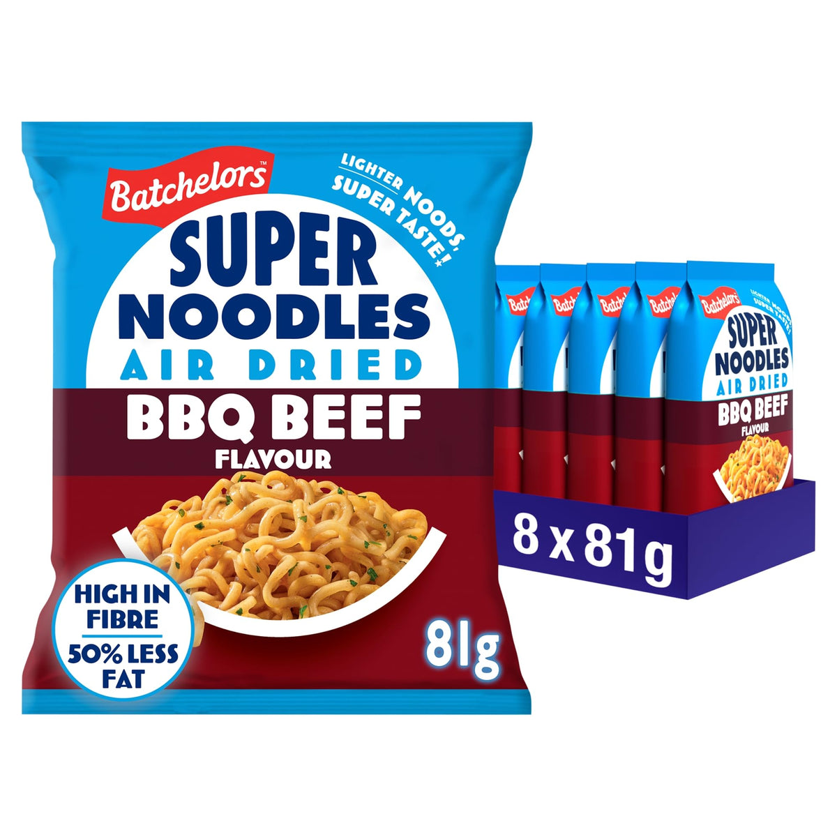 Batchelors Super Noodles Air Dried BBQ Beef Flavour - 81 g, Pack of 8