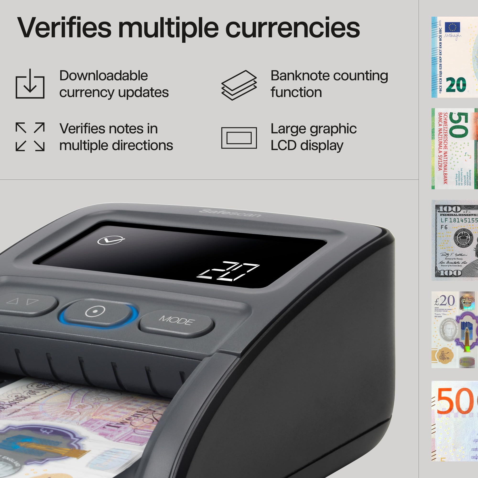 Safescan 155-S Automatic Counterfeit Money Detector | Verifies GBP, EUR, SCT, NIR | Compact POS Design 2