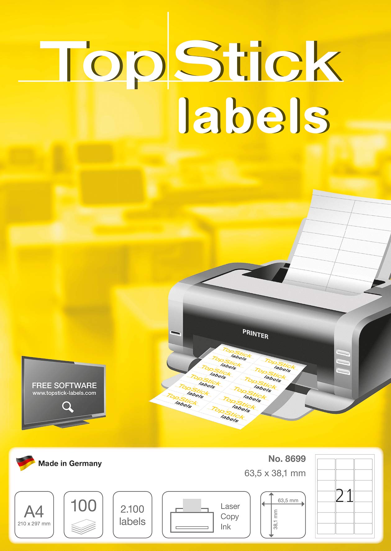 TopStick A4 Self Adhesive Address Labels, 21 Labels Per Sheet, 100 Sheets, 5