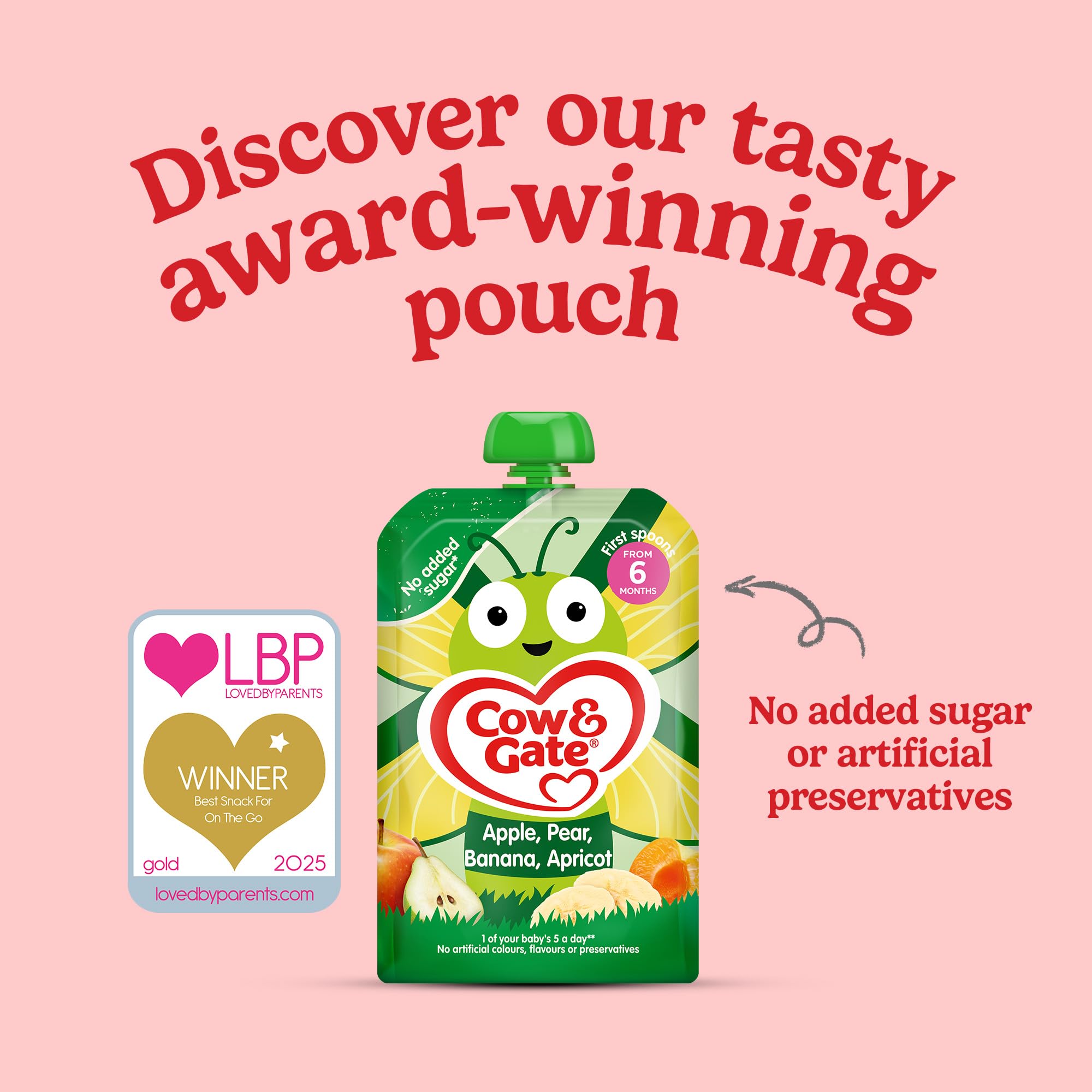 Cow & Gate Fruit Pouch Apple Pear Banana & Apricot Baby Food Snacks, 6x100G, Suitable from 4 Months 7