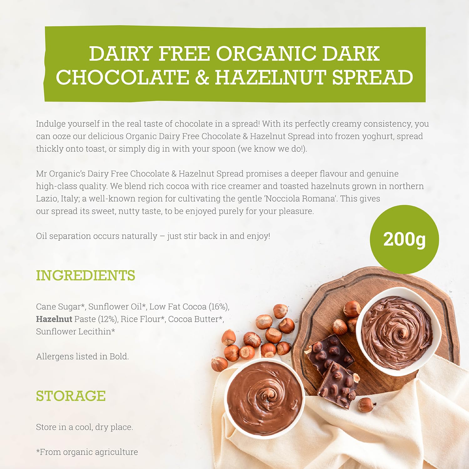 Mr Organic Dark Chocolate & Hazelnut Spread - Organic | 200g Jar | Creamy Form