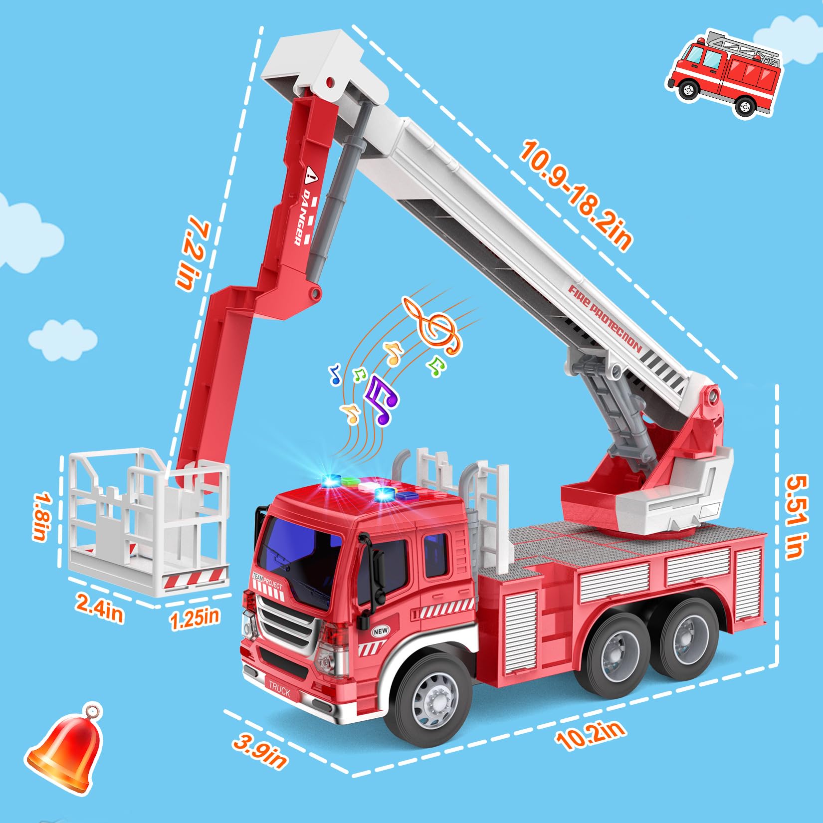 GizmoVine Fire Engine Toy - Lights, Sound & 360° Rotating Ladder Rescue Vehicle for Kids 3+ 4