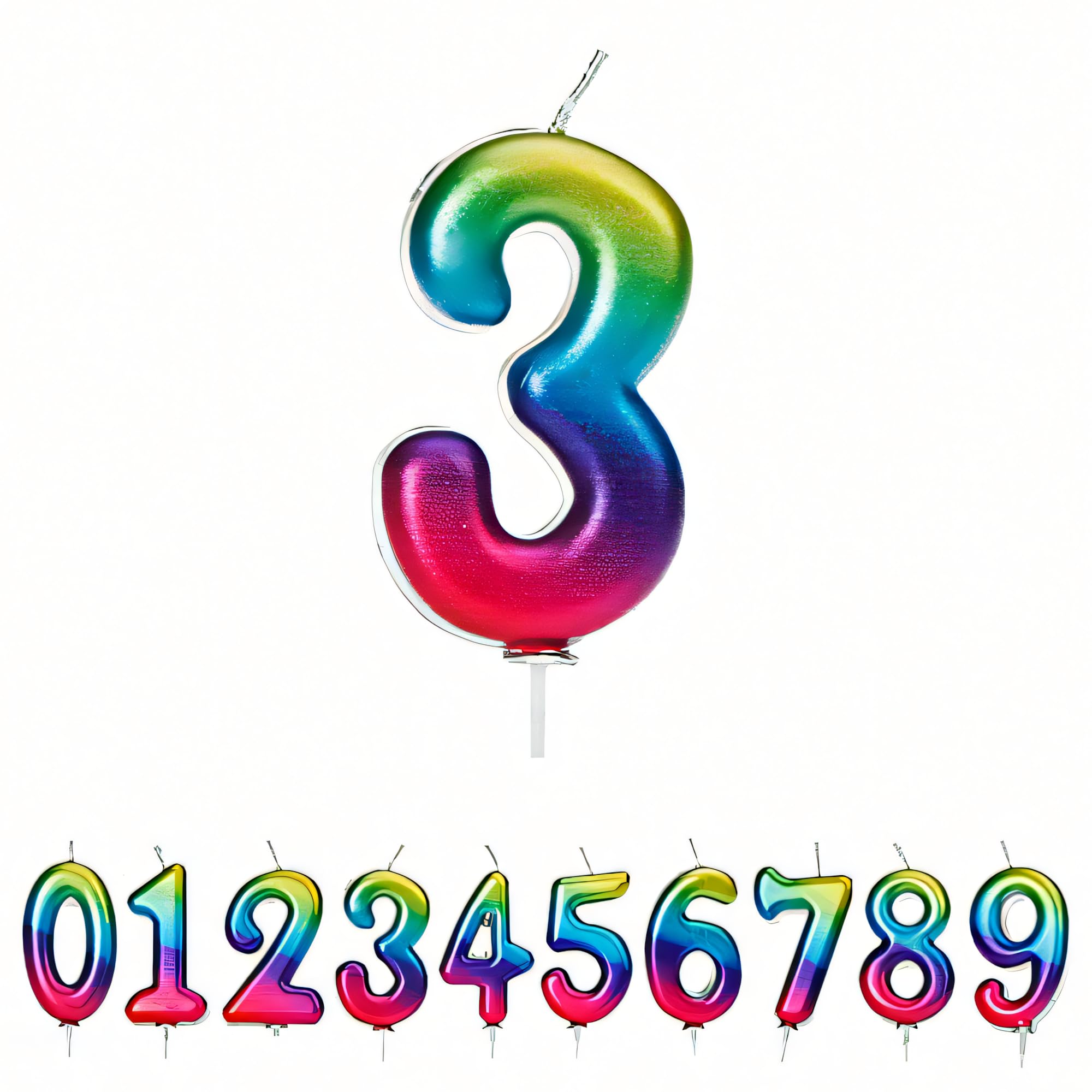 Anniversary House Colourful Rainbow Metallic Candle Number 3 Cake Candle | 7cm Tall | Unscented Wax