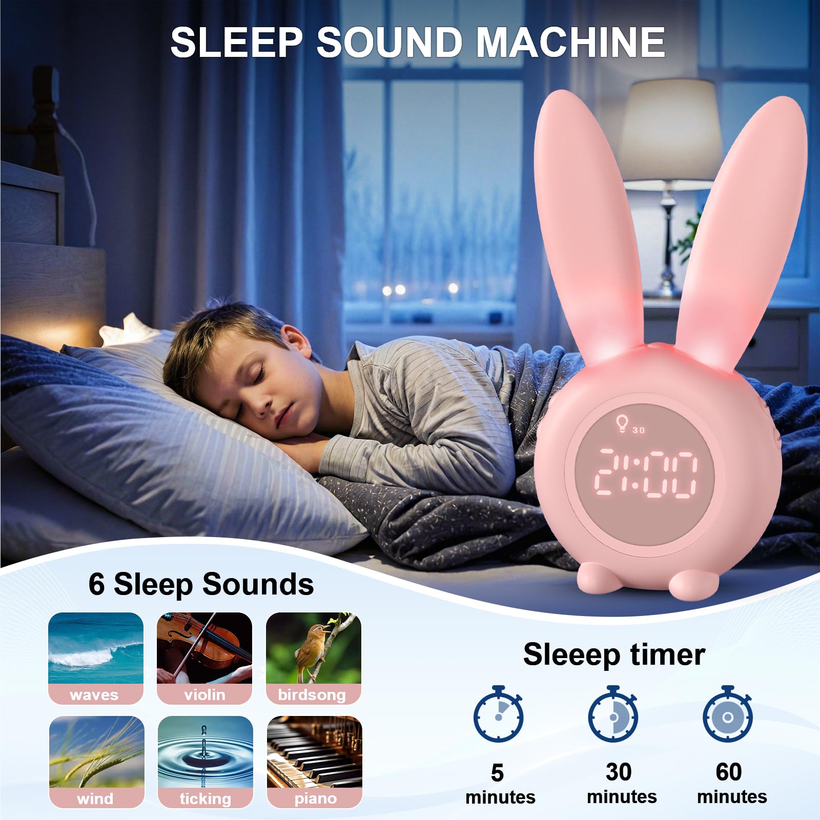 Homealexa Kids Digital Alarm Clock - Rabbit LED Wake-Up Light with Snooze & Night Light 5