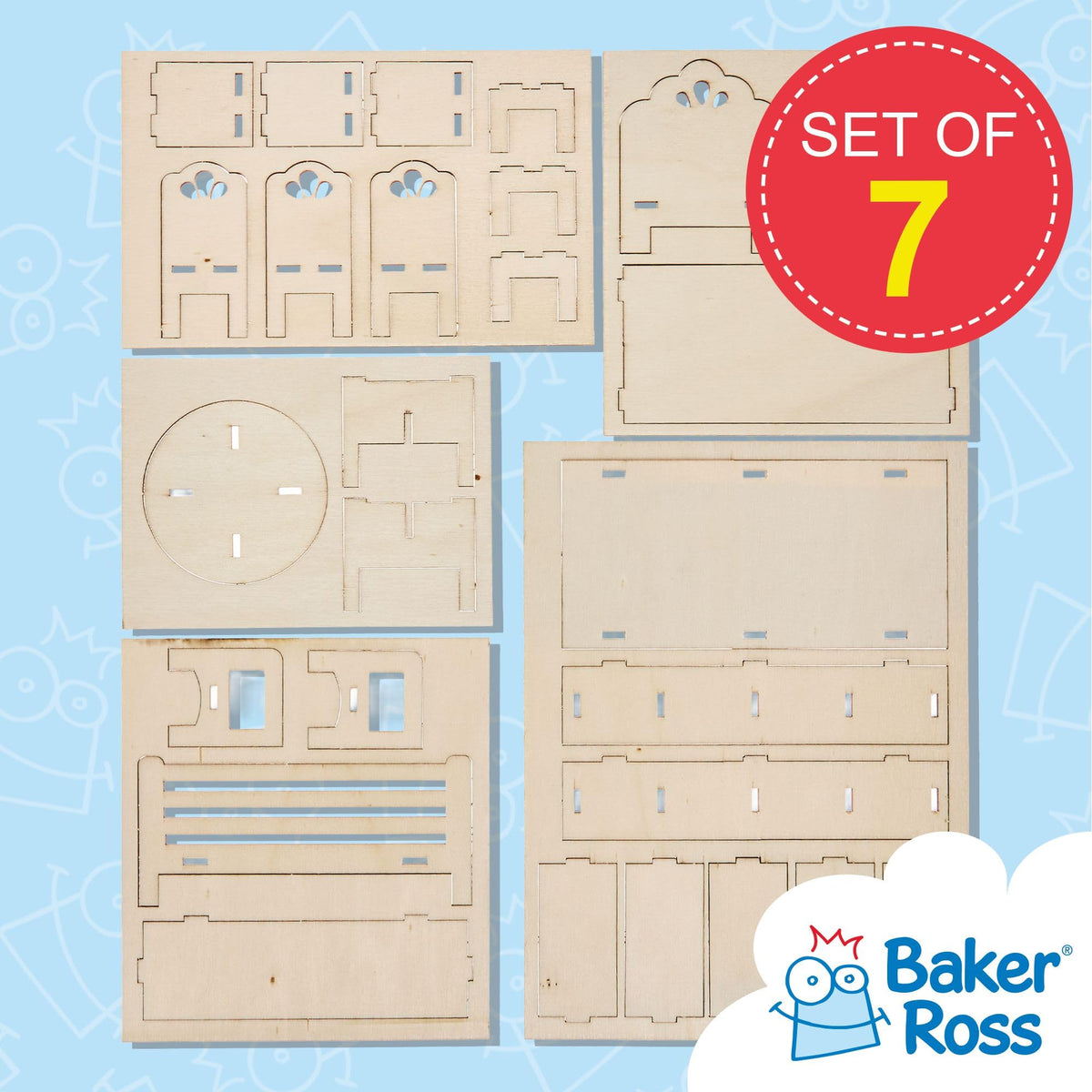 Baker Ross Build Your Own Dolls House Furniture - 7 Wooden Pieces, 4–14cm