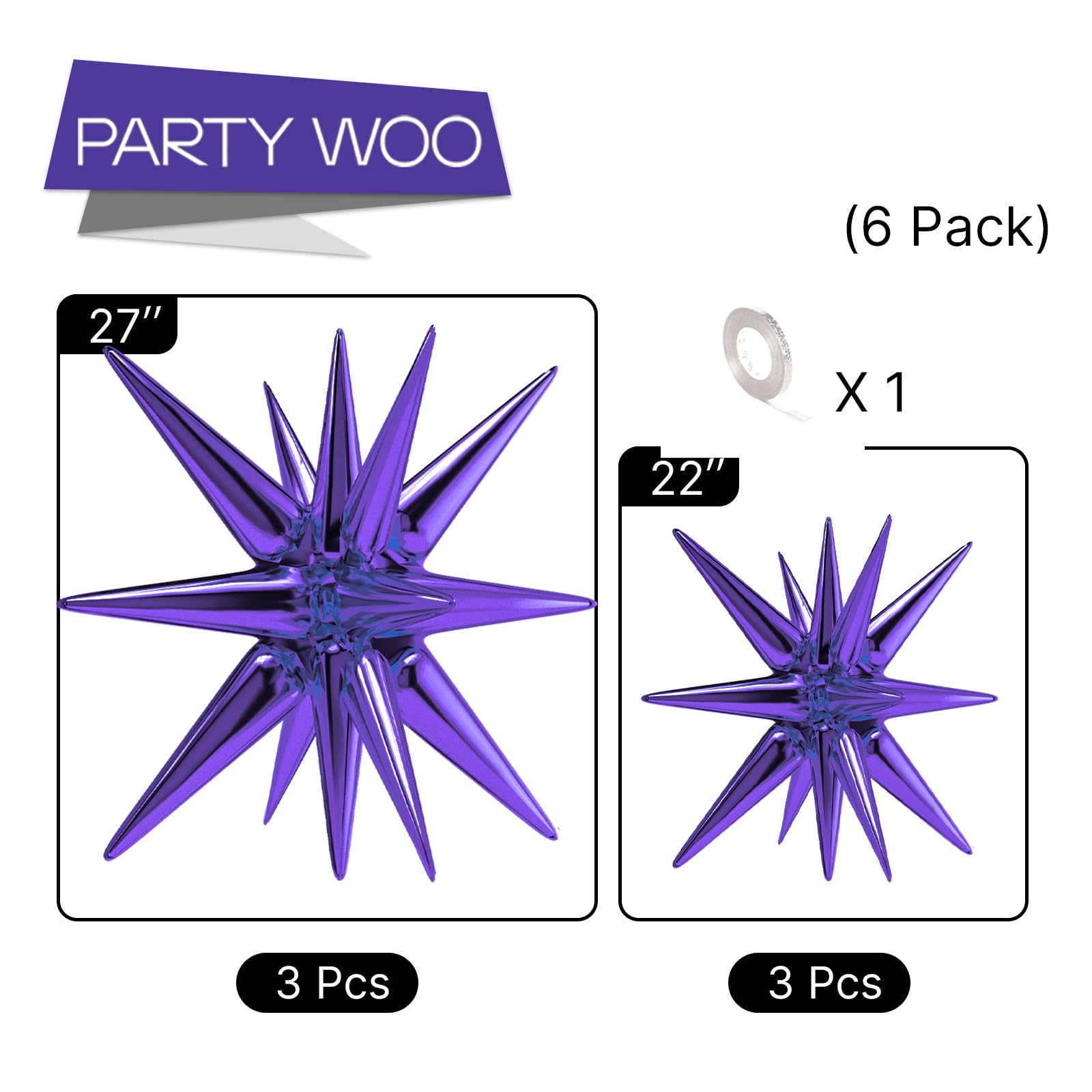 PartyWoo - Purple Star Balloons 6 pcs, One-Piece 14-Pointed Starburst Foil Balloons 27 & 22 inch with Ribbon 9