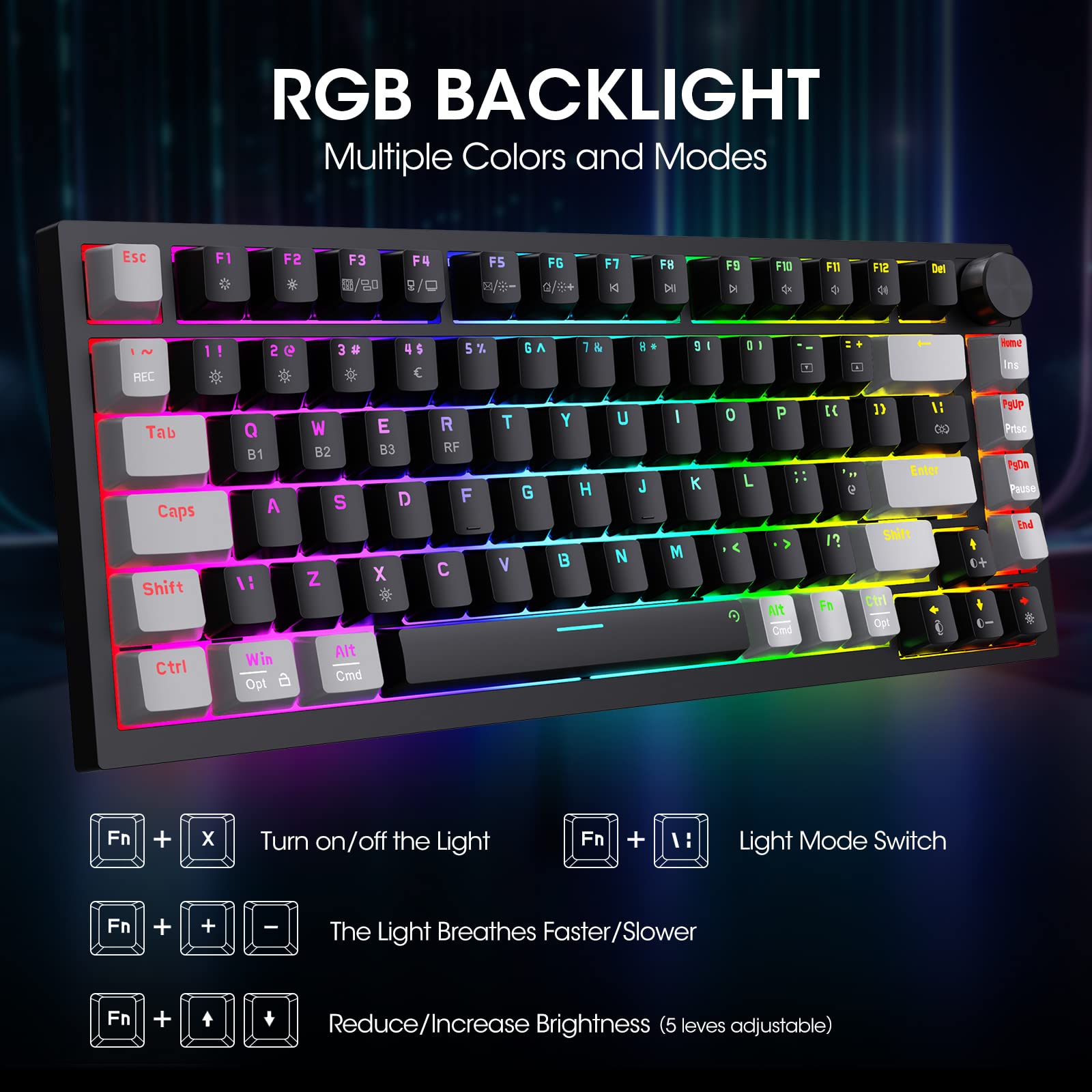 KOORUI MK082 82-Key Mechanical Gaming Keyboard - RGB Backlit, Wireless/Wired, 3-Mode Connectivity 4
