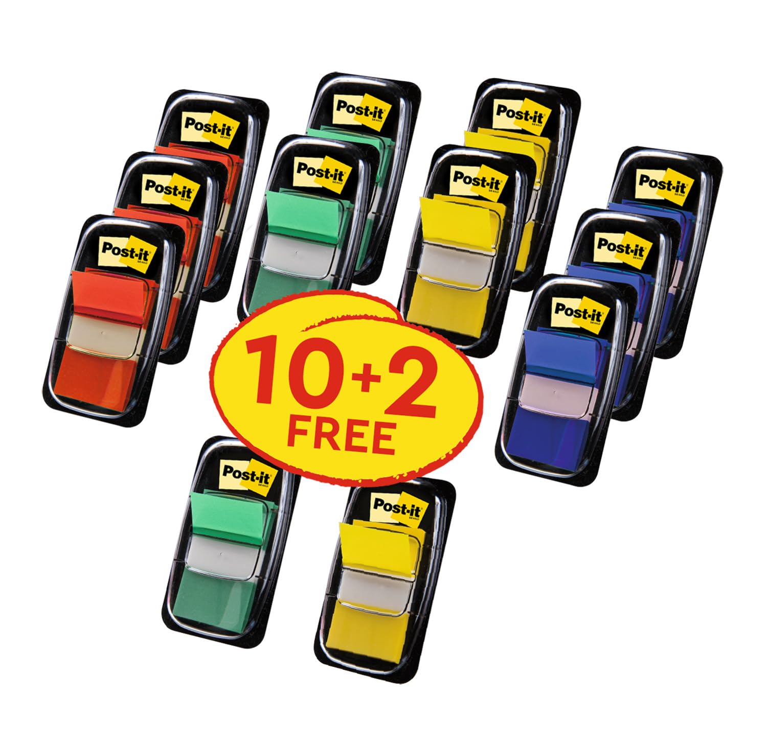 Post-it Index Flags - Medium, Assorted Colours, 10 + 2 FREE Dispensers | Repositionable
