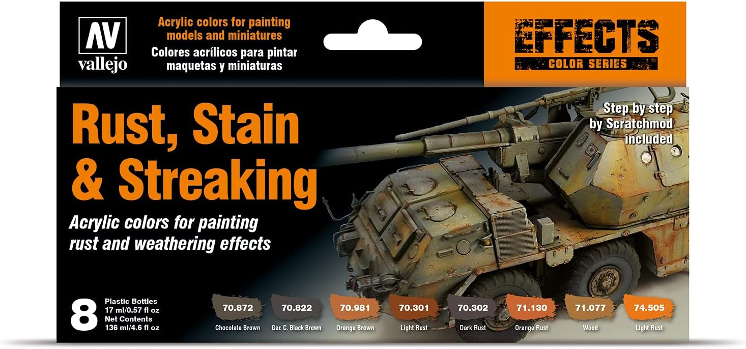 Vallejo Model Color Rust, Stains & Streaking Set - 8 Acrylic Paints for Weathering Effects