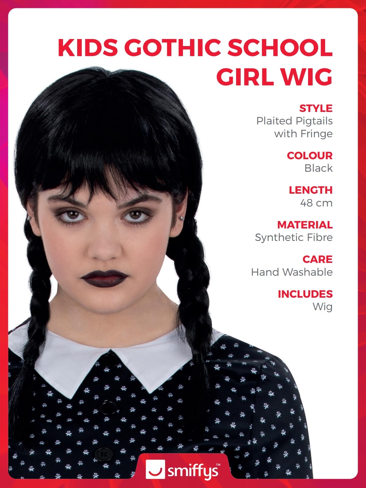 Smiffys Wednesday Addams Gothic School Girl Wig with Plaits & Fringe 3