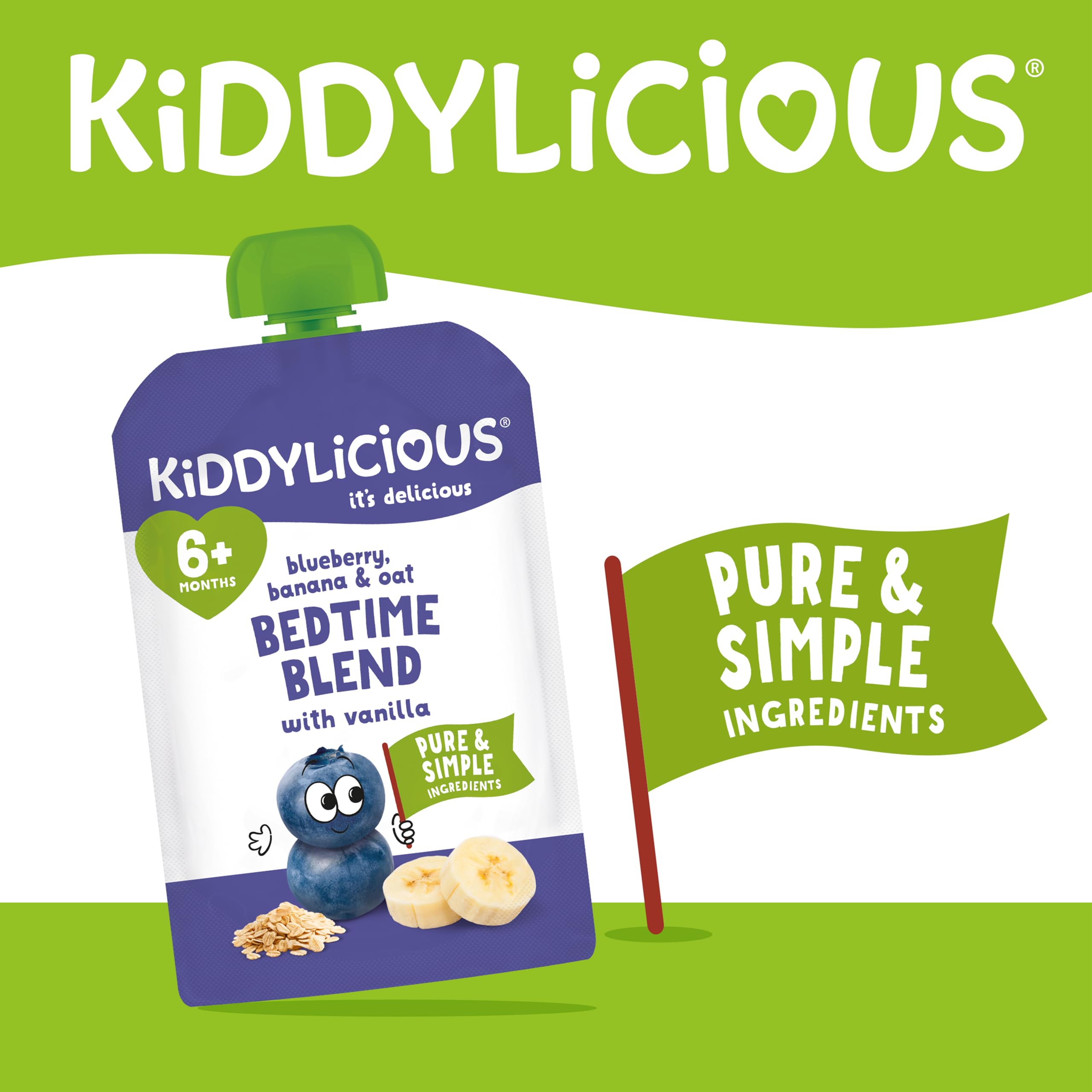 Kiddylicious Bedtime Blend Blueberry, Banana & Oat Fruit Pouches - 6 Pack, 100g Each