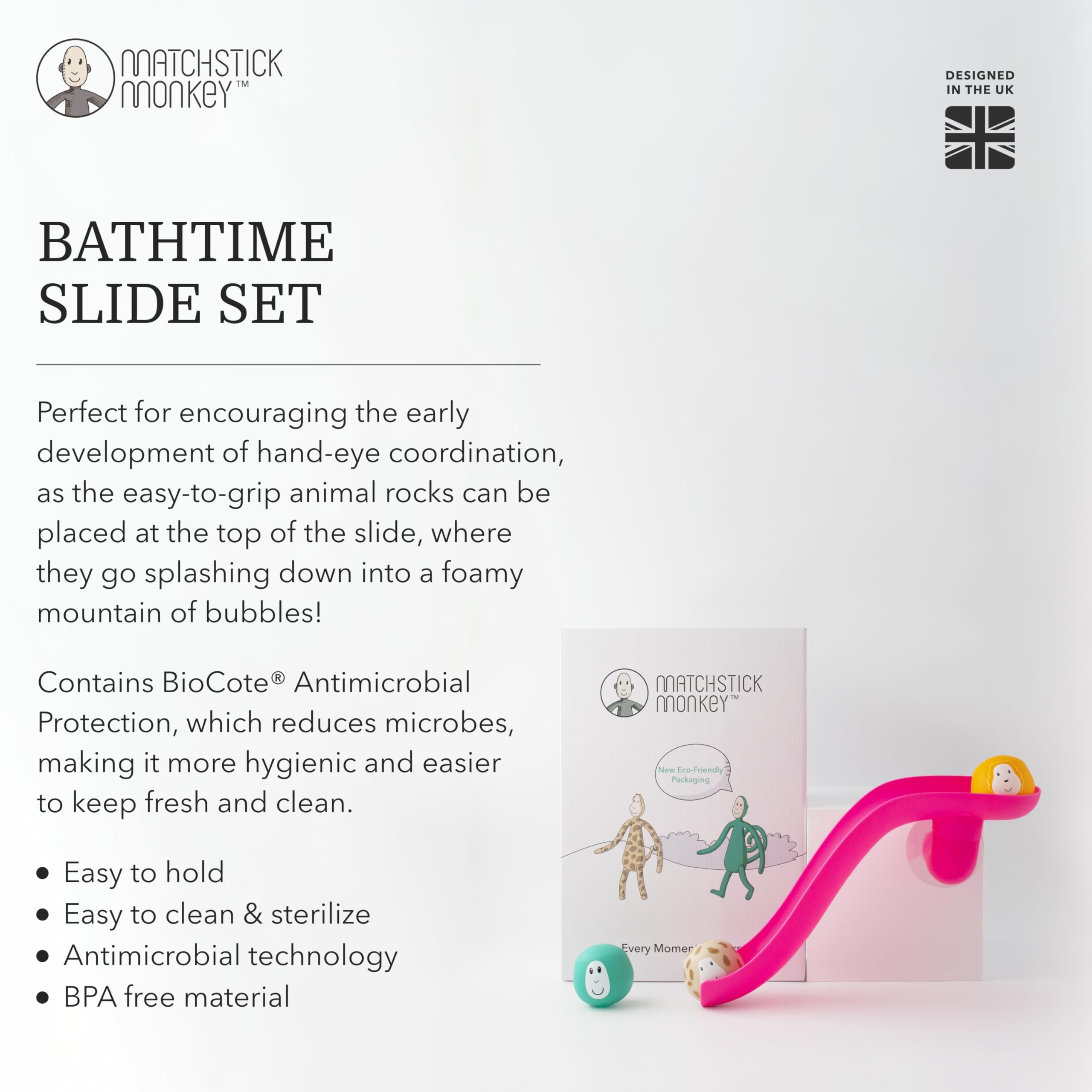 Matchstick Monkey Bathtime Slide Set - Antimicrobial Baby Bath Toy with 3 Animal Rocks, 12 Months+ 6