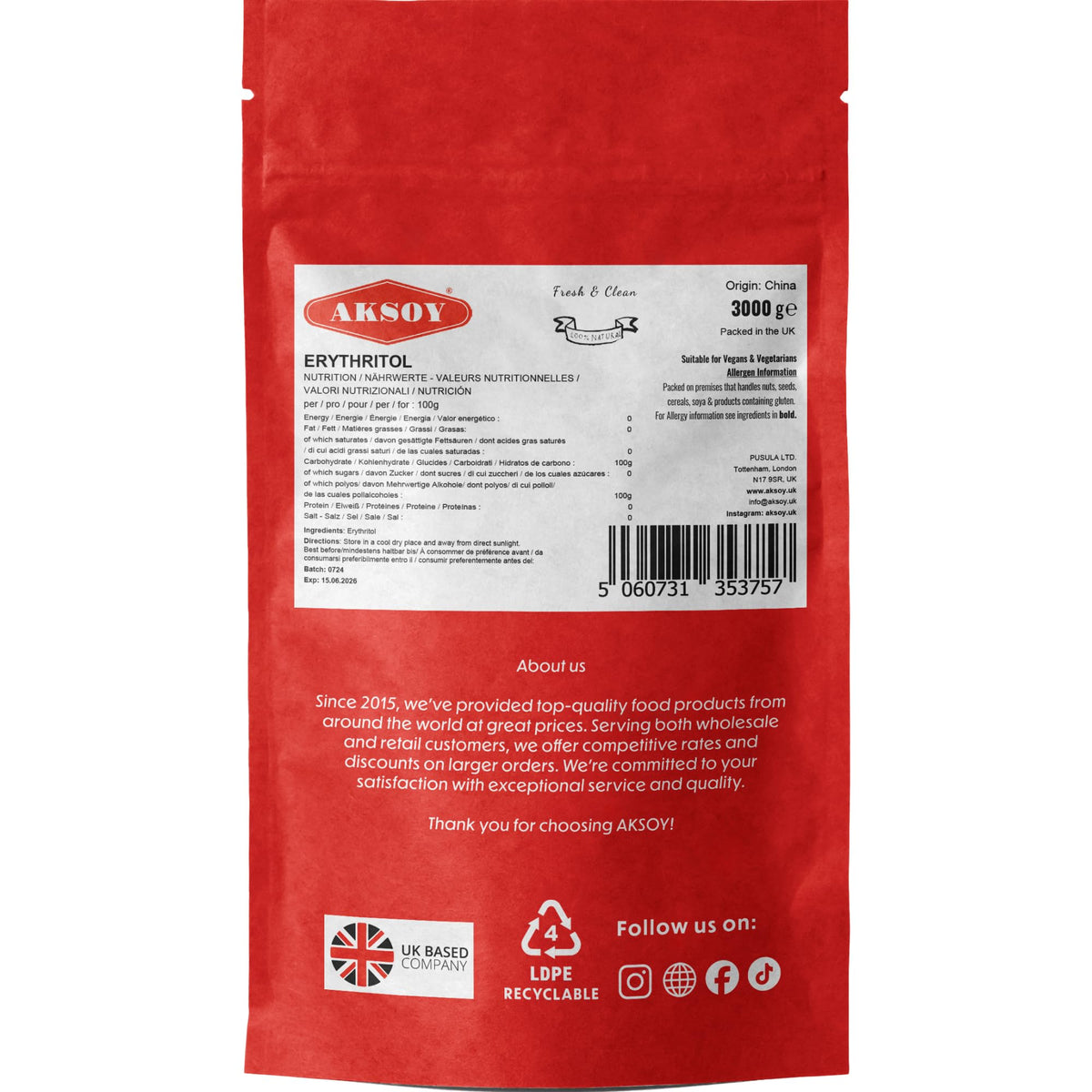 AKSOY Erythritol Sweetener 3 kg Granulated Zero Calorie