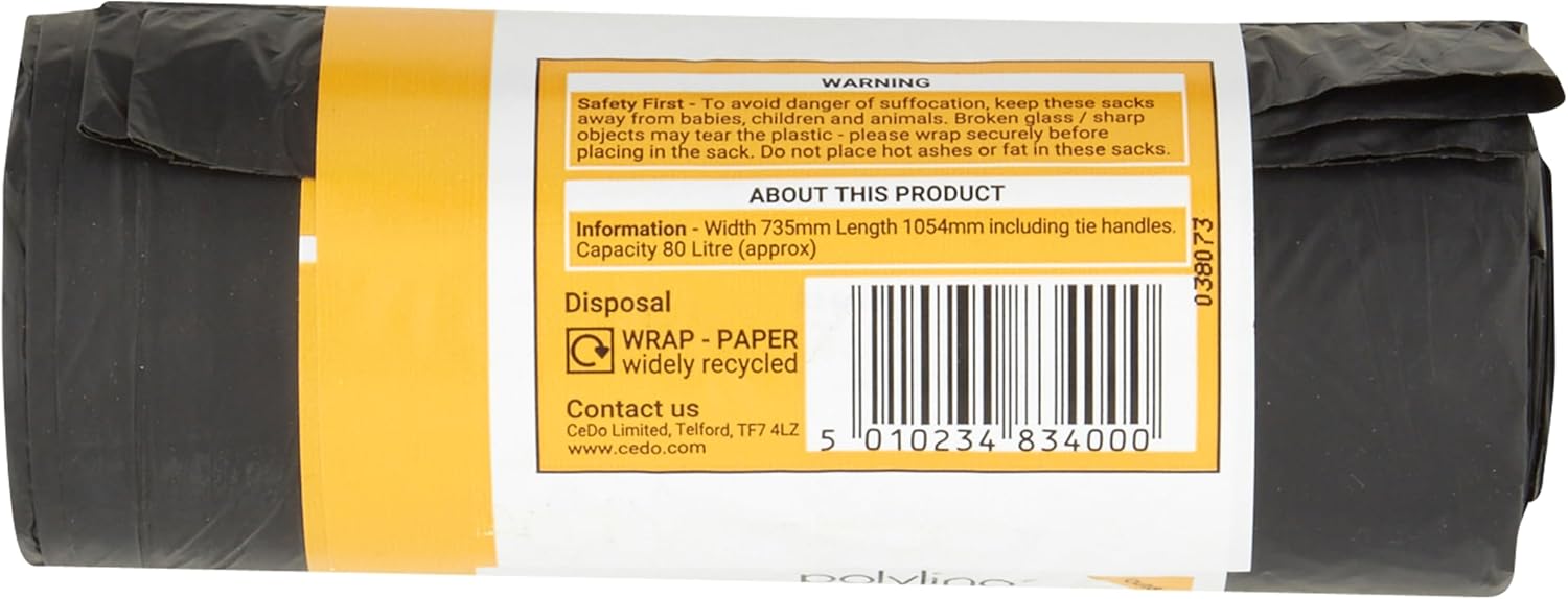 Polylina 10 Pack Tie Handle Refuse Sacks, 80 Litre Black Bin Bags Made from Recycled Plastic 4