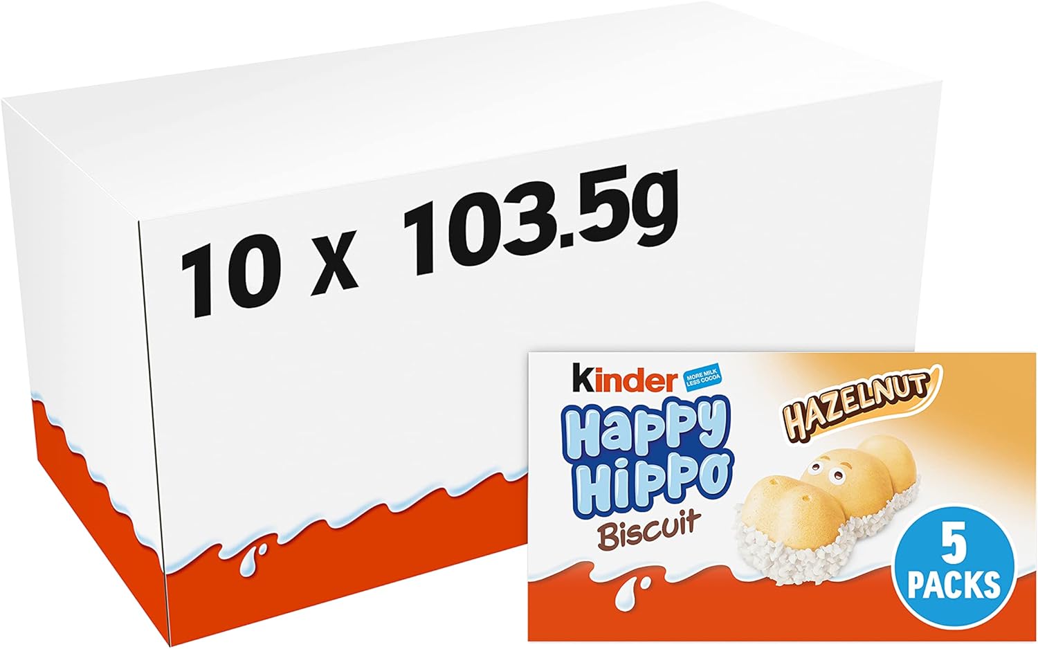 Kinder Happy Hippo Hazelnut Biscuit Wafer with Milk and Hazelnut Filling, 10 Packs of 5 Biscuits (50 Total)