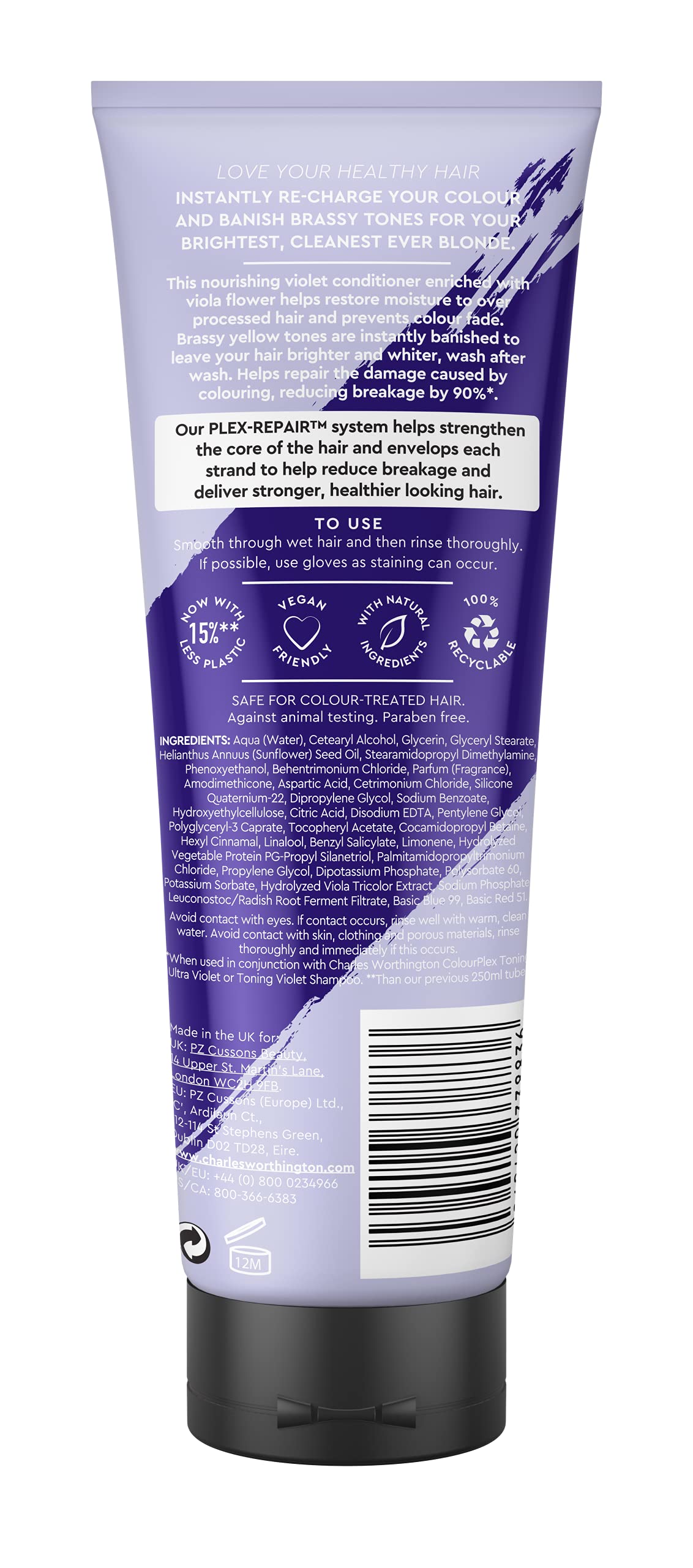 Charles Worthington Colourplex Toning Ultra Violet Conditioner - Reduces Breakage by 90%, Banishes Brassy Tones, Strengthens Hair