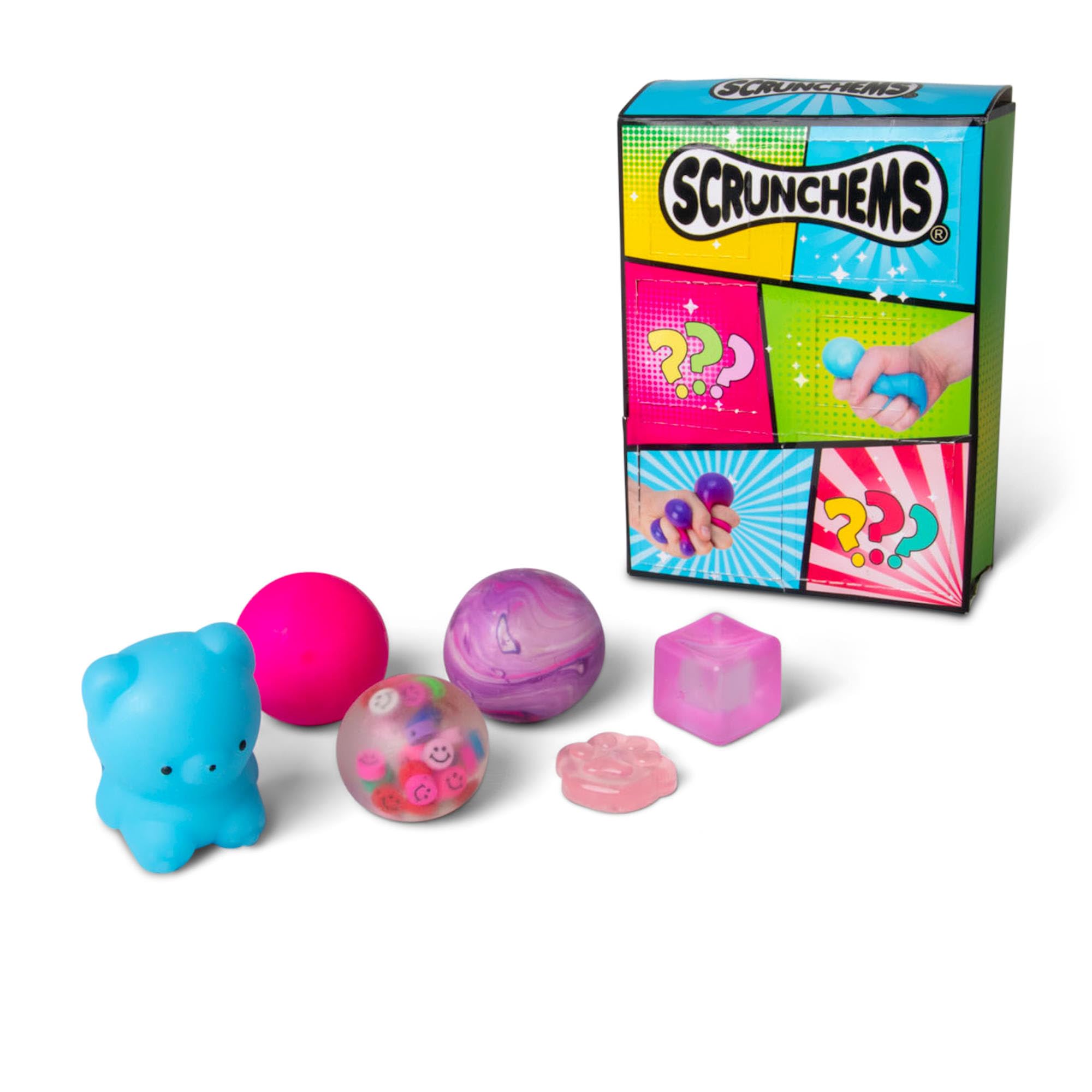 SCRUNCHEMS Surprise Box Set with 6 Squishy Toys | Ages 3+ | Includes Marble Ball & Foam Bear