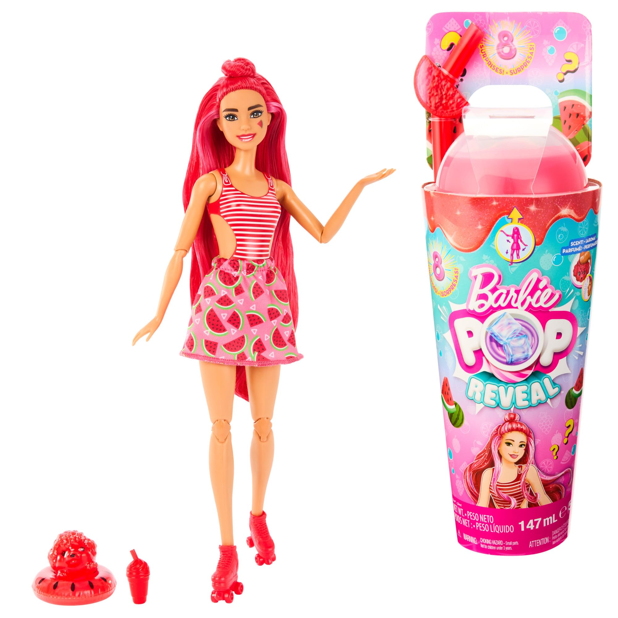 Barbie Pop Reveal Fruit Series Doll - Watermelon Crush with 8 Surprises, Slime & Color Change, Ages 3+
