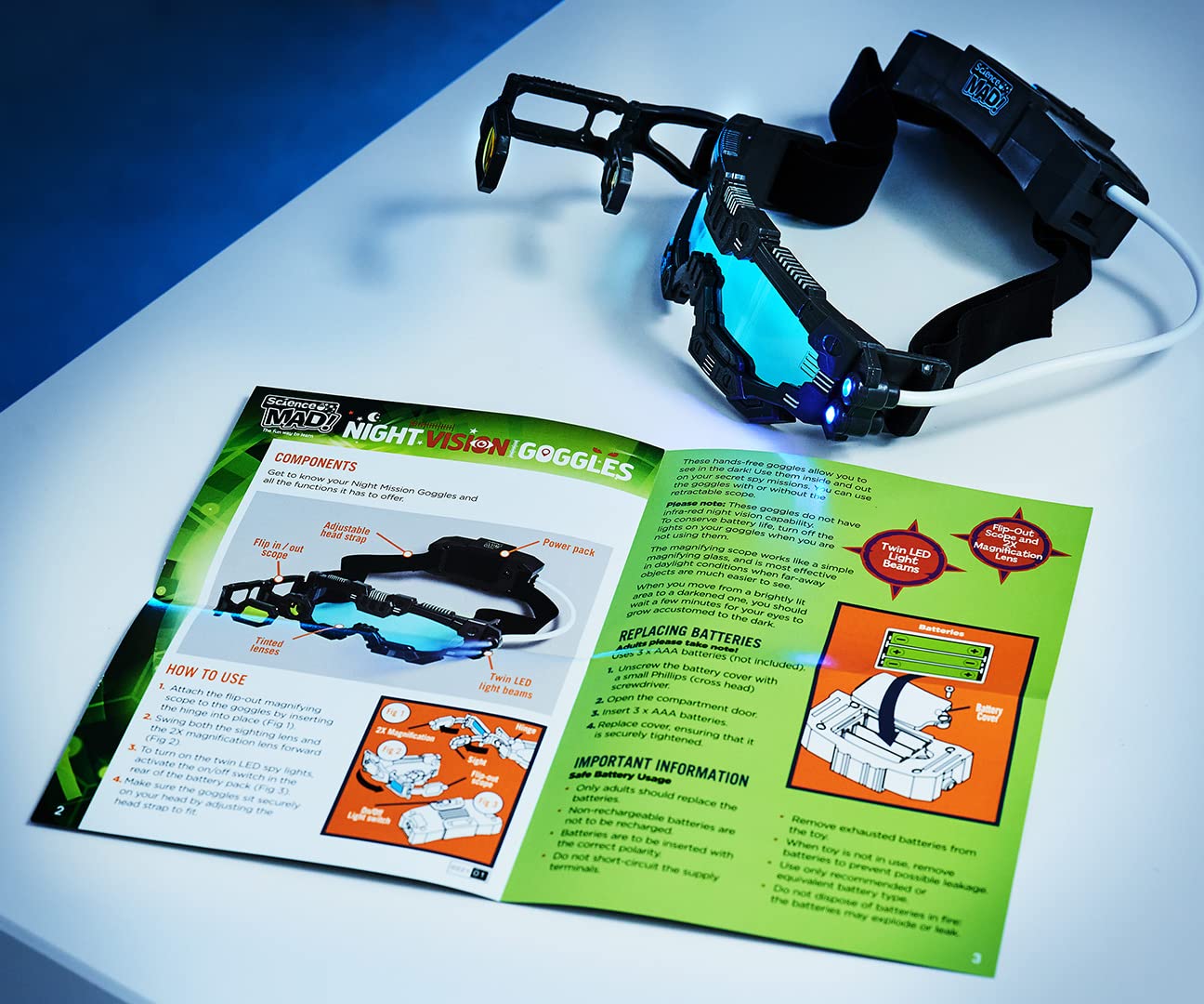 Science Mad! Night Vision Goggles for Kids - 2x Magnification & LED Lights - Black 4