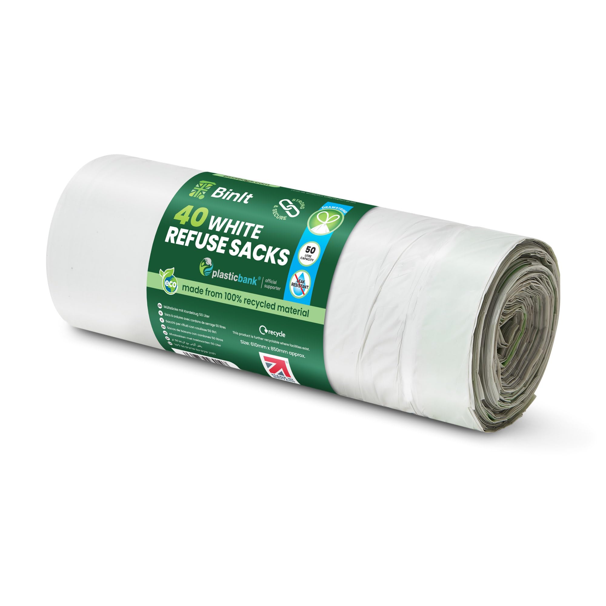 BIN IT 40 White Drawstring 50L Strong & Secure Refuse Sacks - Recycled LDPE Bin Bags