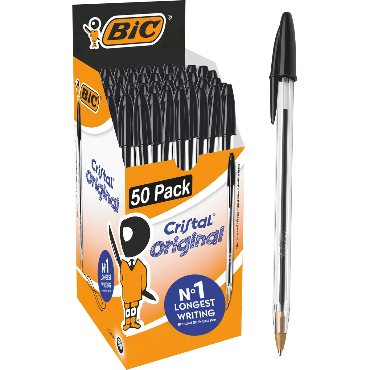 BIC Cristal Original Ballpoint Pens - Medium Point (1.0mm), Black Ink, Pack of 50