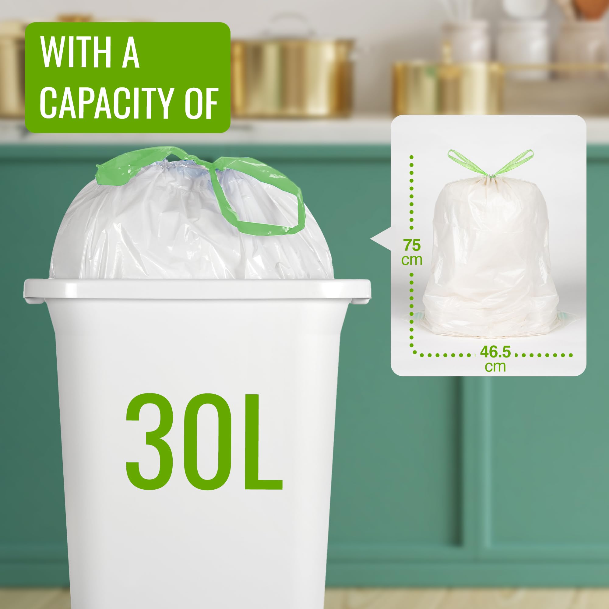 EcoBag 30L Kitchen Bin Liners - 40 Count Drawstring Bags | 25 Microns Thick | 98% Recycled Material