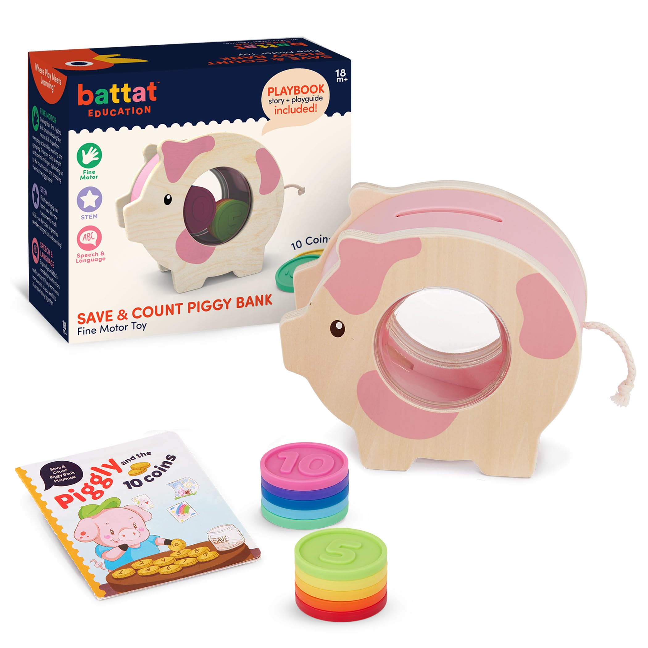 Battat Education Wooden Piggy Bank - Counting & Fine Motor Skills Toy | Ages 18 Months+