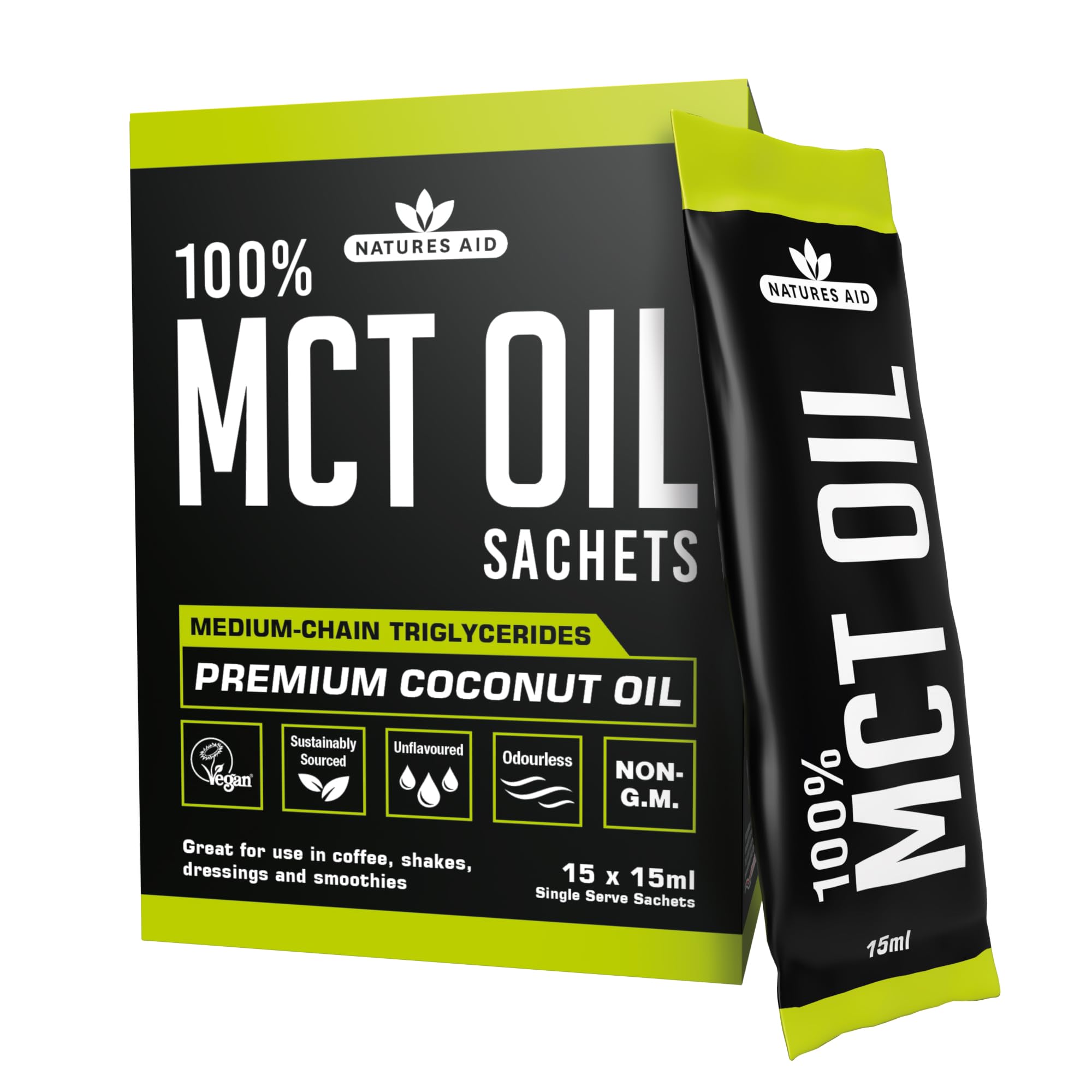 Natures Aid MCT Oil 15 x 15ml Sachets - 100% Pure Coconut Oil for Coffee, Smoothies, Shakes & Dressings - Vegan, Vegetarian, Sustainably Sourced