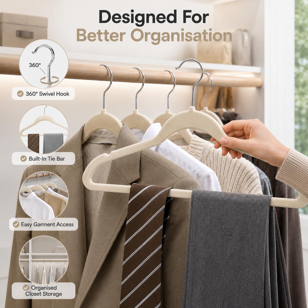 1ABOVE Premium Velvet Hangers - 20 Pack Non-Slip, Heavy Duty, Space Saving | Ivory 4