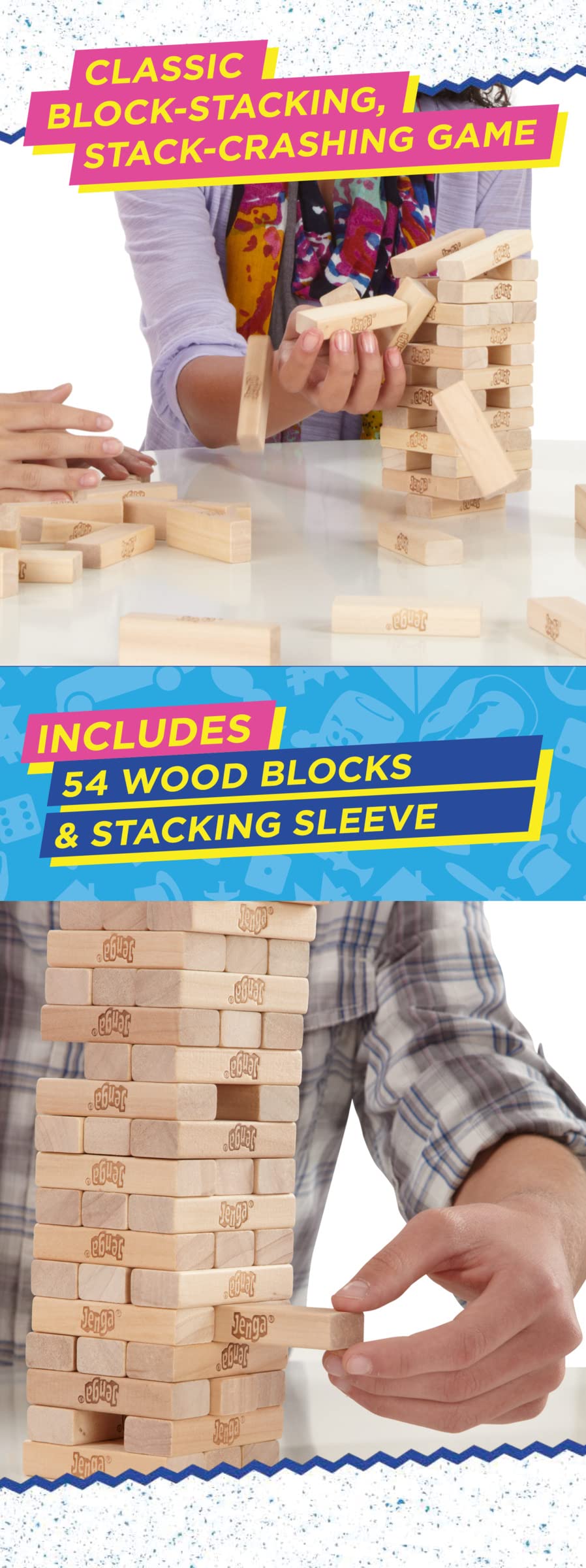 Hasbro Gaming Jenga Classic Stacking Game, Outdoor Family Fun for Kids Ages 6+, 54 Wooden Blocks with Stacking Sleeve 6