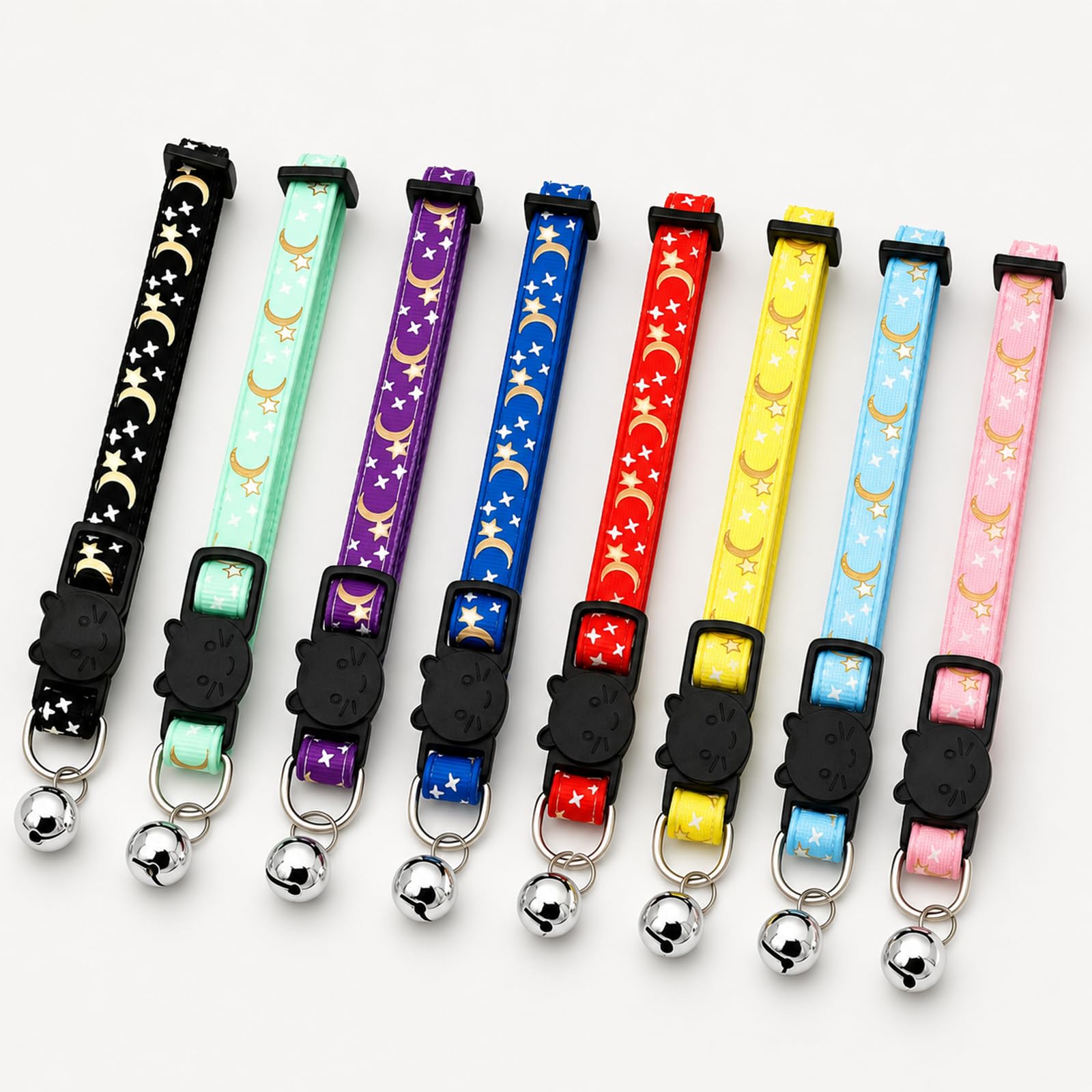 Muexoee Reflective Adjustable Cat Collar with Bell, Moon Star Print, Blue, 2 Pack 7