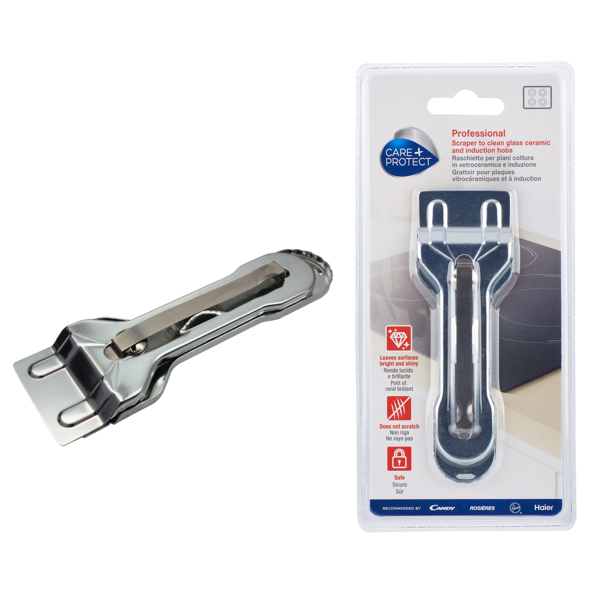 CARE + PROTECT Kitchen Cleaning Scraper for Glass & Ceramic Hobs | Stainless Steel | Silver