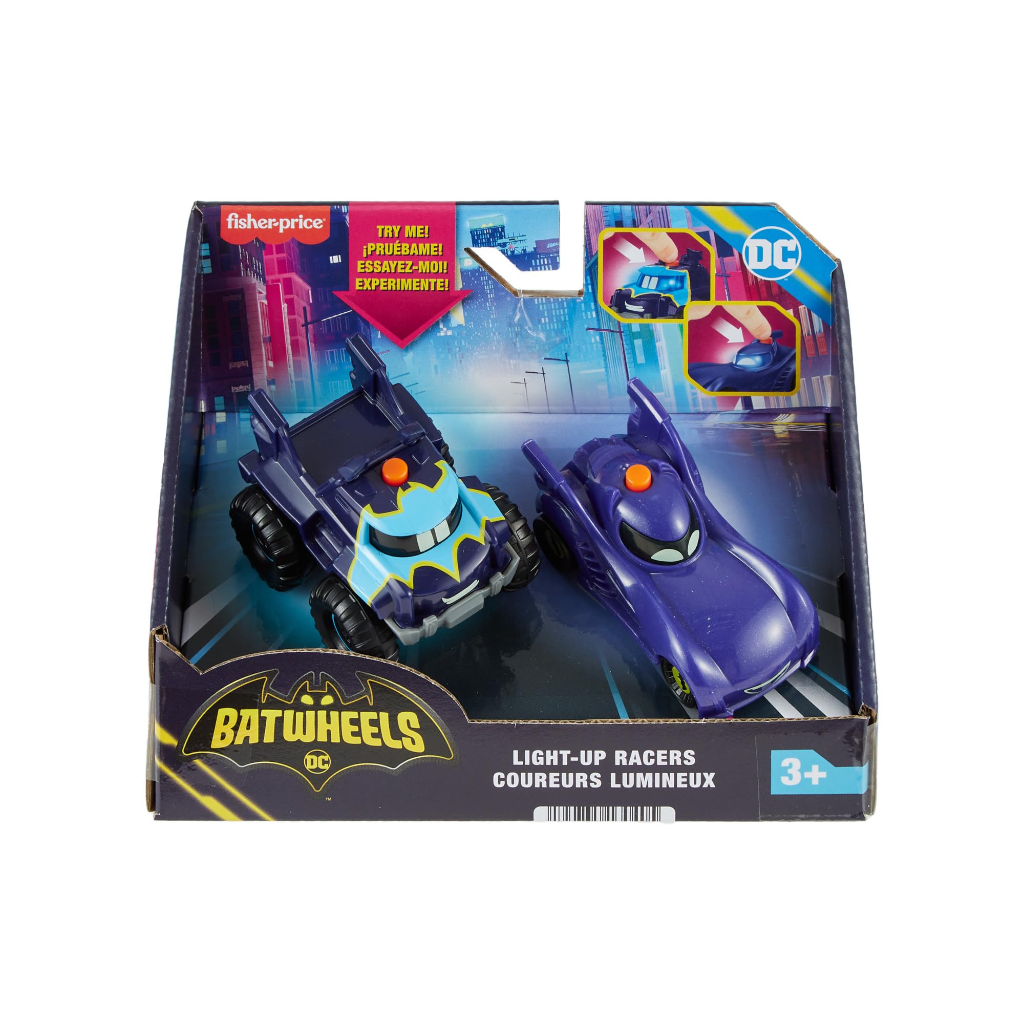 Fisher-Price DC Batwheels Light-Up 1:55 Scale Toy Cars 2-Pack - Bam the Batmobile & Buff the Bat-Truck, Ages 3+ 6