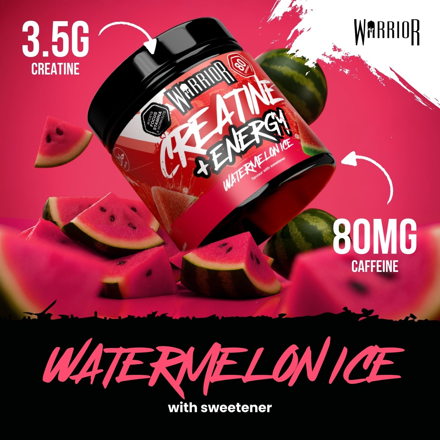 Warrior Creatine Monohydrate Powder + Energy - 360g, 80 Servings | Micronised Formula