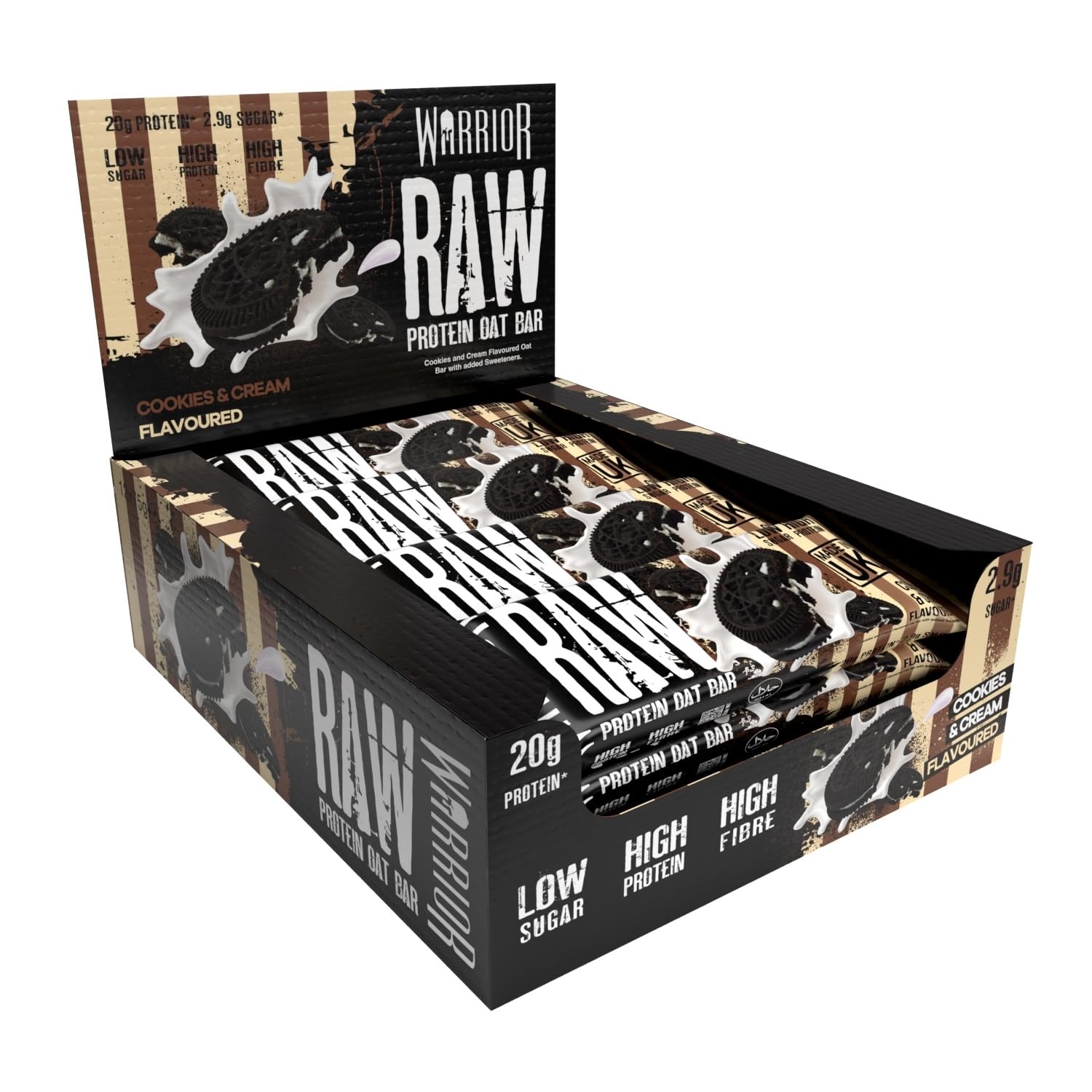 Warrior Raw Protein Bars - 12 x 75g Cookies & Cream High Protein Oat Flapjacks - Low Sugar, High Fibre - UK Made