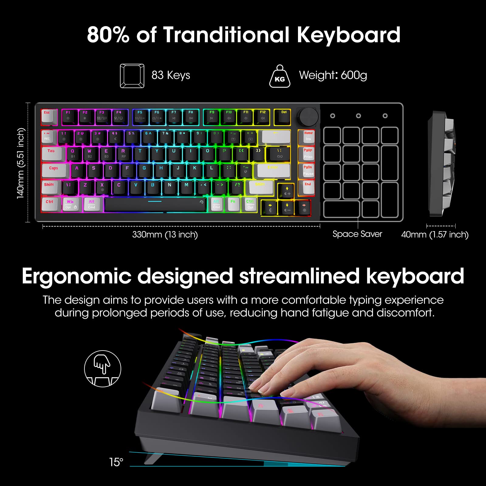 KOORUI MK082 Mechanische Gaming-Tastatur mit 82 Tasten – RGB-Hintergrundbeleuchtung, kabellos/kabelgebunden, roter Schalter 5