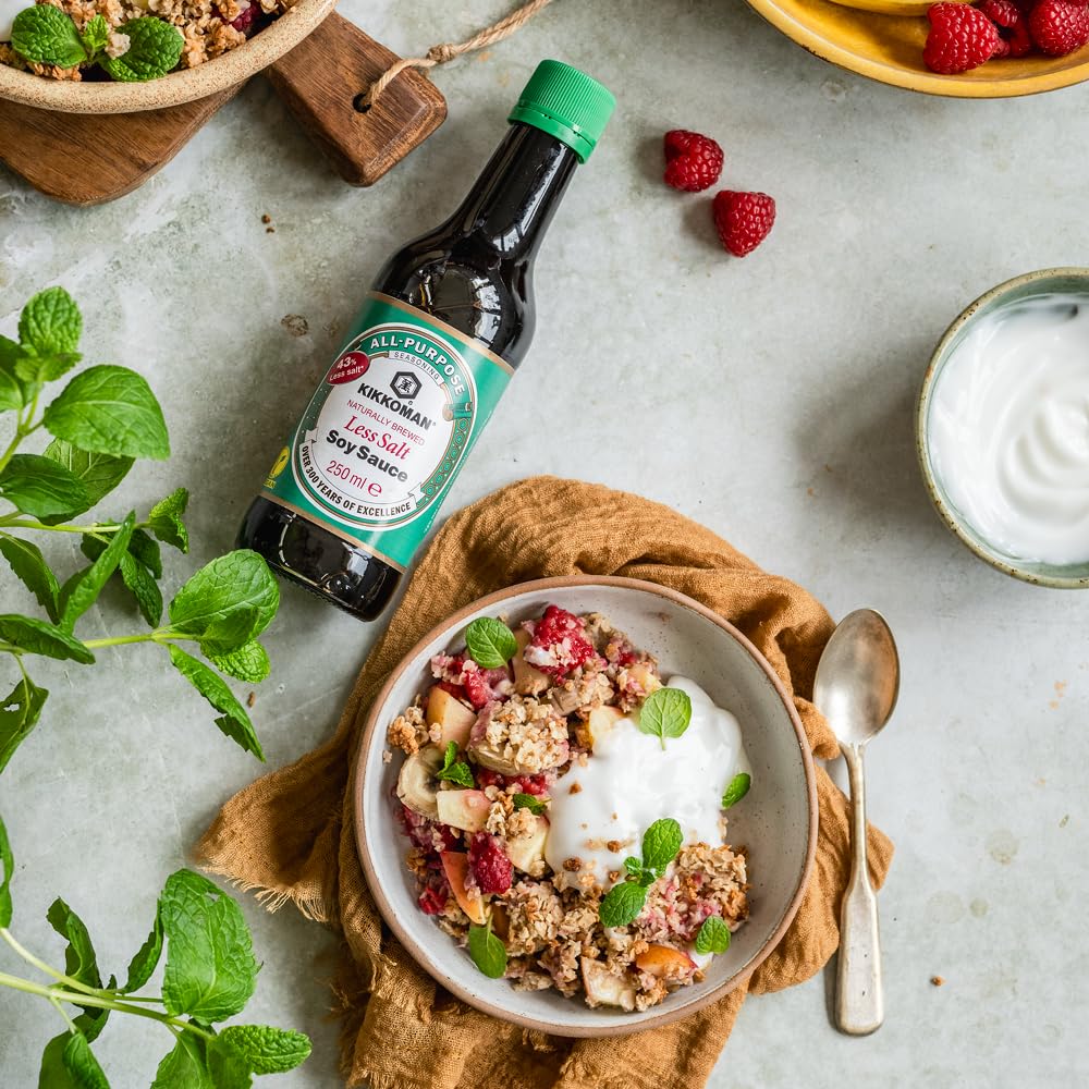 Kikkoman Naturally Brewed Less Salt Soy Sauce - 43% Less Salt | Rich Umami Flavor | 250 ml