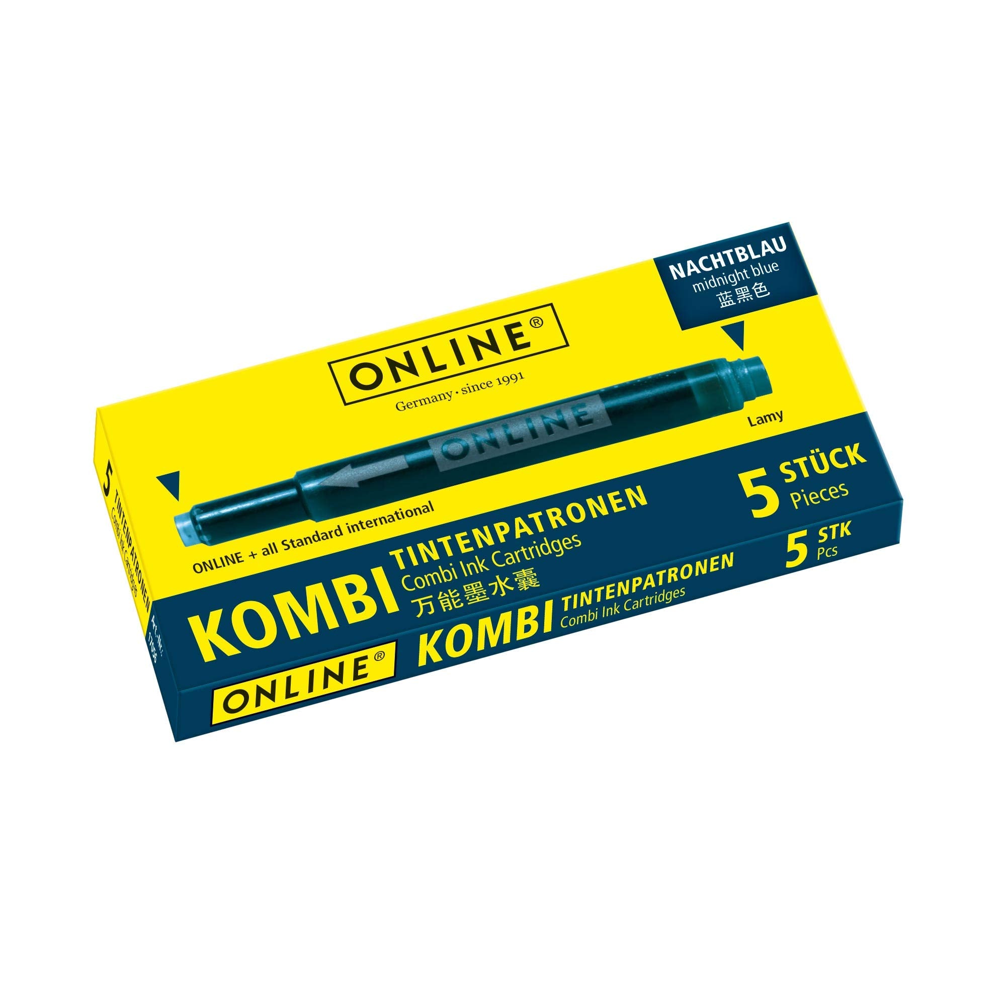 Online Universal Double-Sided Fountain Pen Ink Cartridges - 5 Pack, Nightblue | Compatible with Lamy