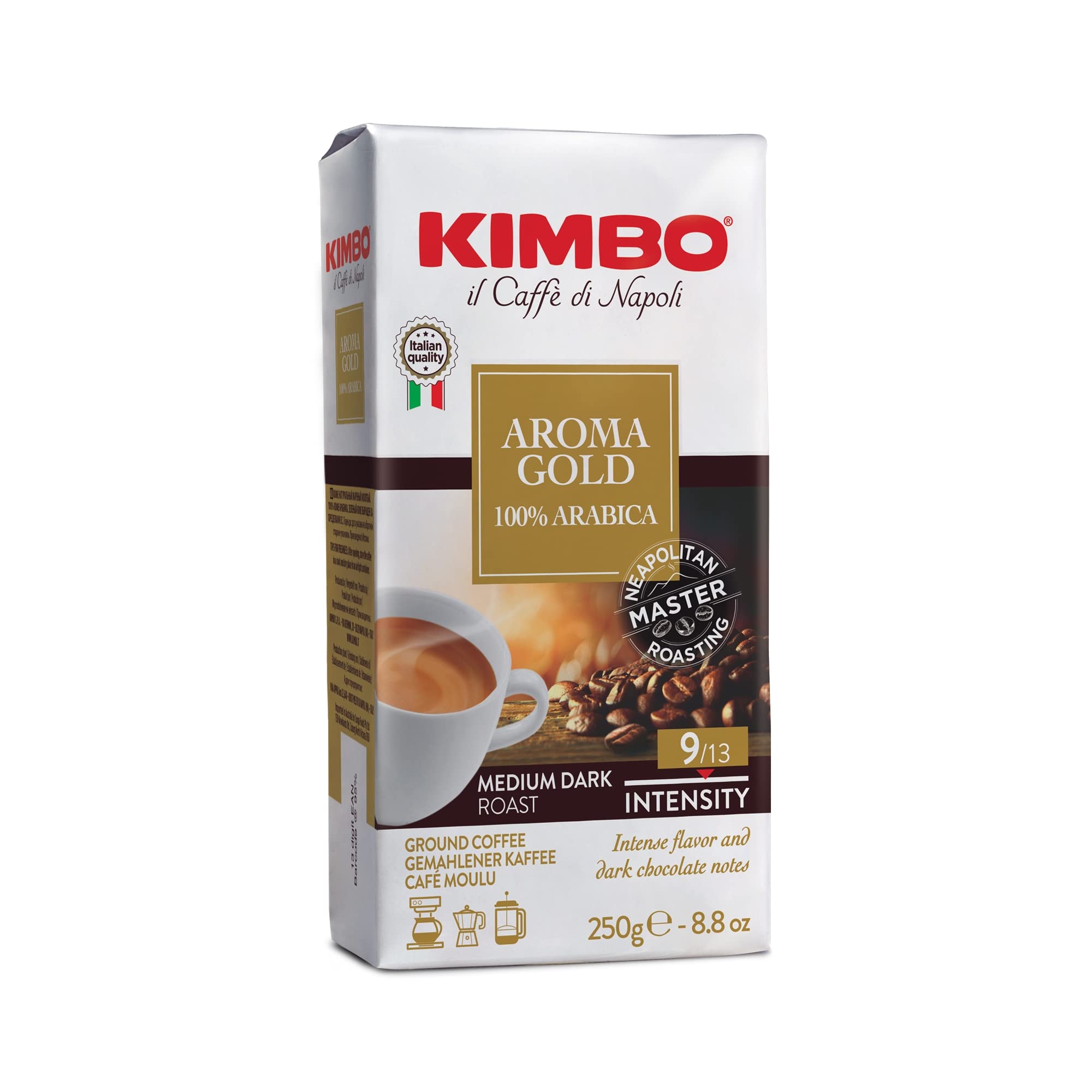 Kimbo Aroma Gold Ground Coffee - 100% Arabica, Medium Dark Roast 9/13, 250g