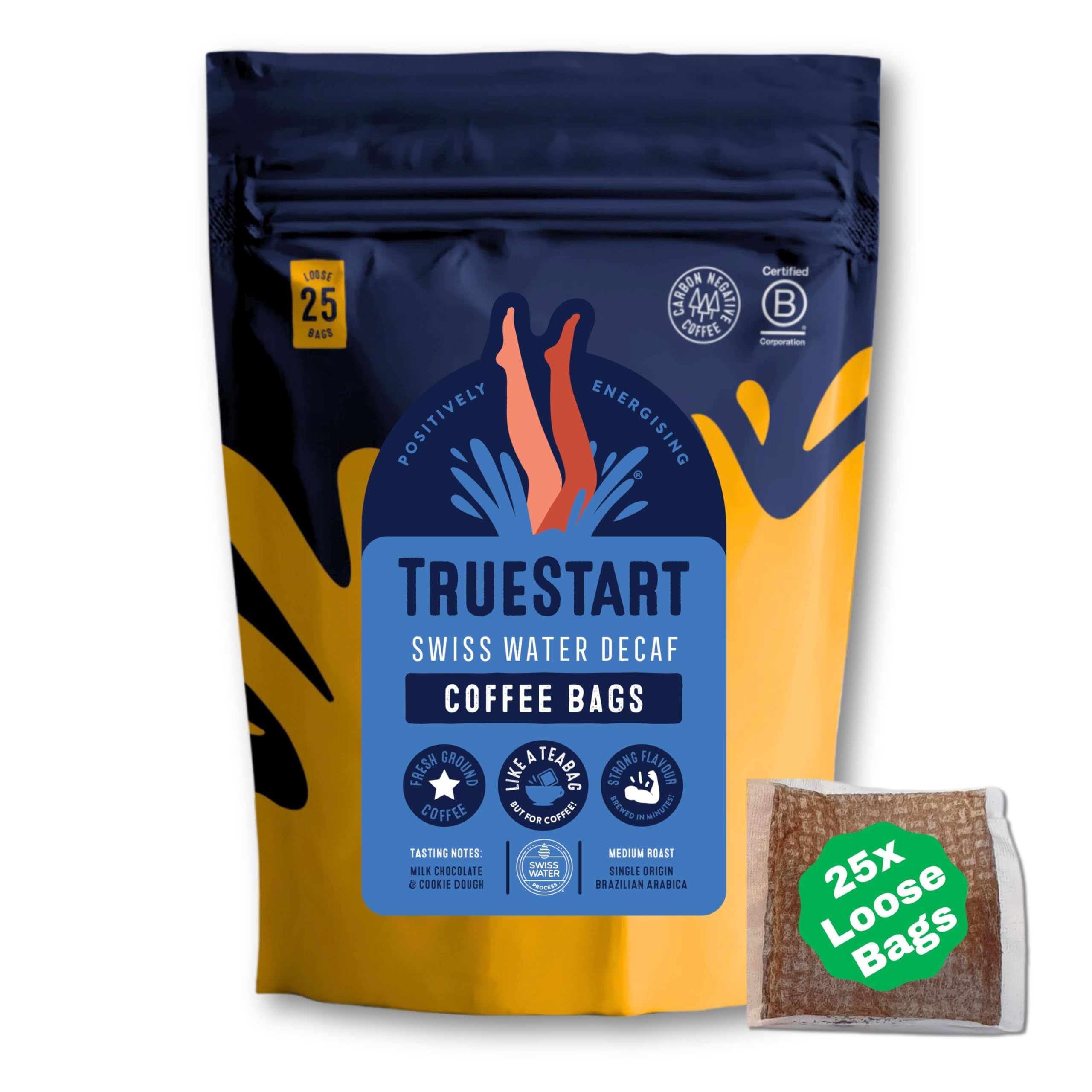 TrueStart Kaffeebeutel, Swiss Water Decaf – 25 lose Beutel, Mykotoxinfrei, Antioxidantienreich, Glutenfrei, einzeln verpackt