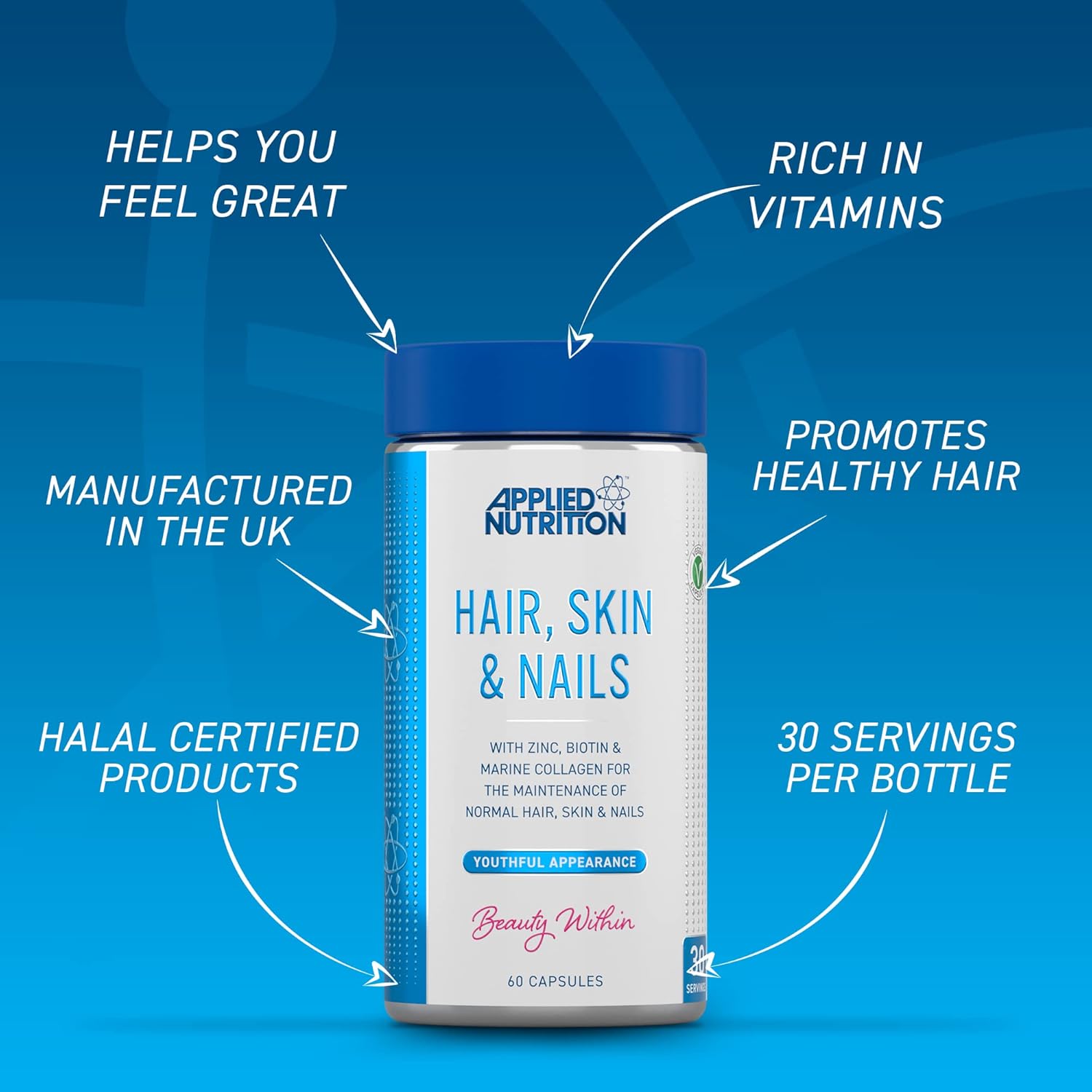 Applied Nutrition Hair, Skin, Nails - Biotin & Marine Collagen Supplement (60 Capsules) 20