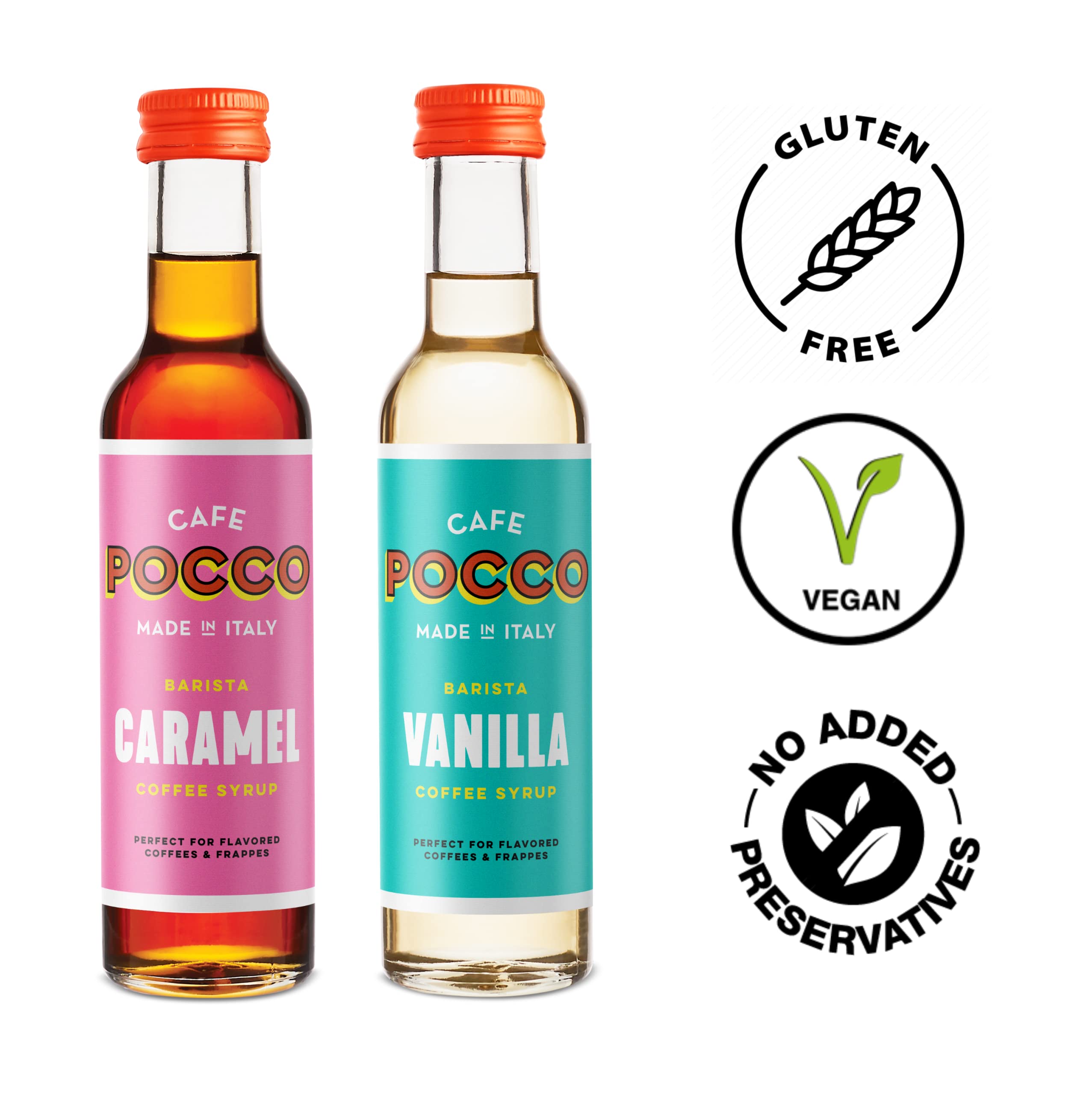 Cafe Pocco - Caramel & Vanilla Coffee Syrup Set (2 x 250ml Glass Bottles) 8