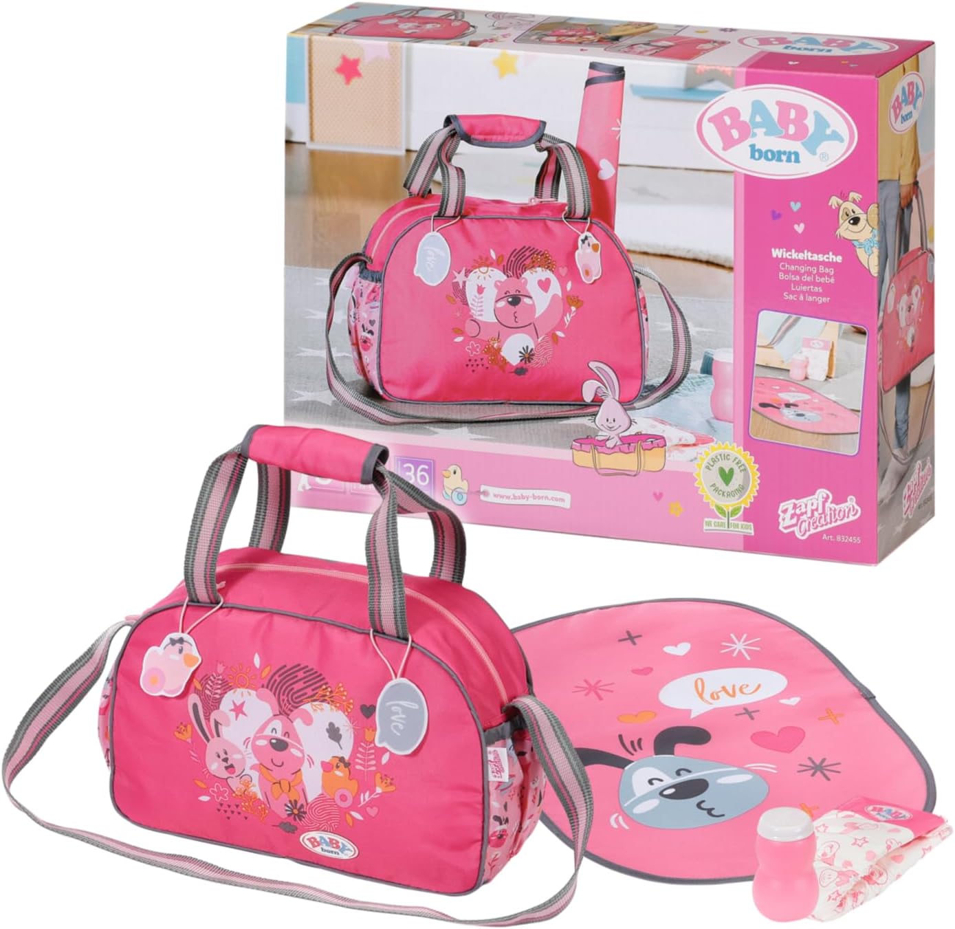 BABY born Doll Changing Bag - Pink Shoulder Bag with Changing Mat, Lotion Bottle & Nappy 1