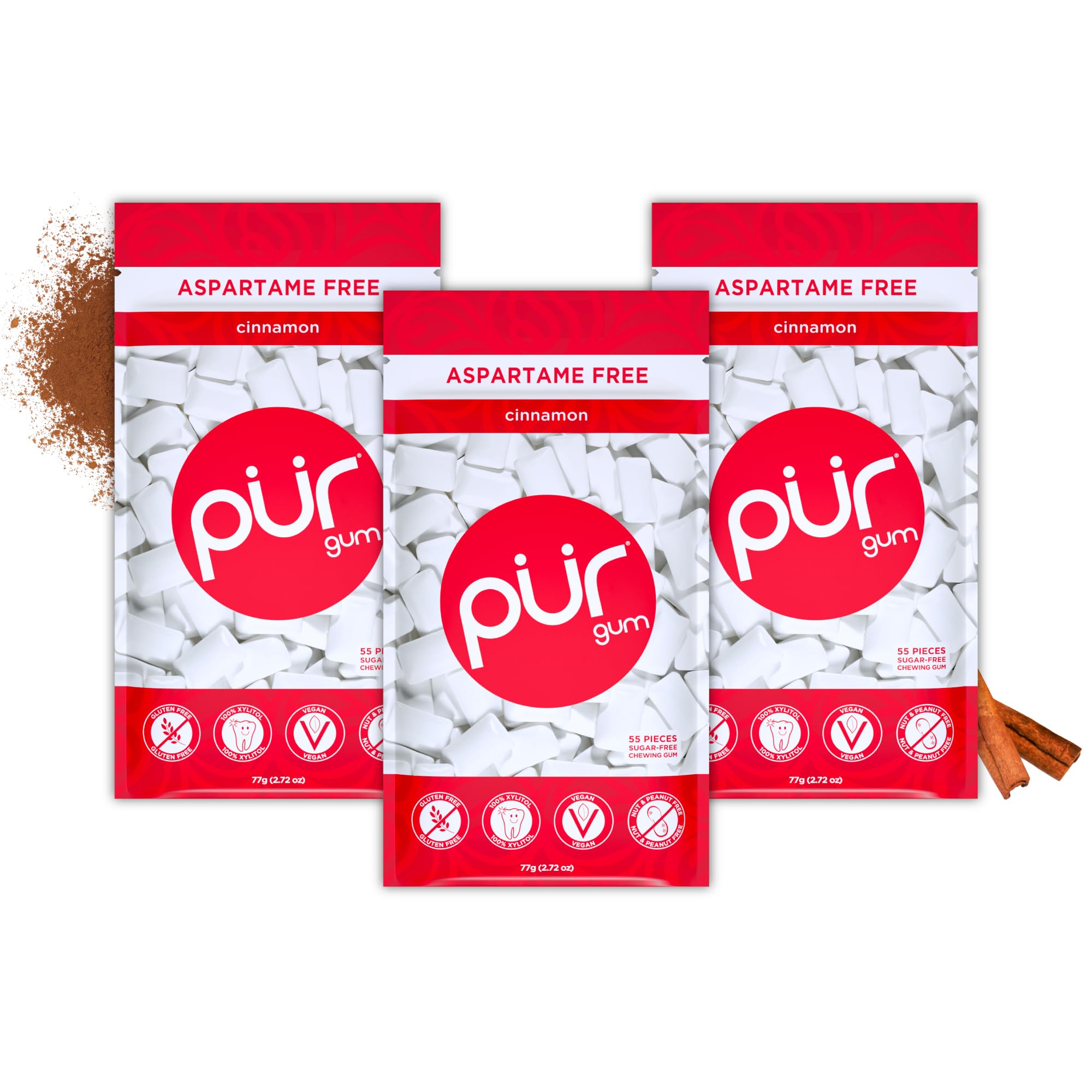 PUR - Natural Cinnamon Sugar-Free Chewing Gum (55 Pieces, Pack of 3)