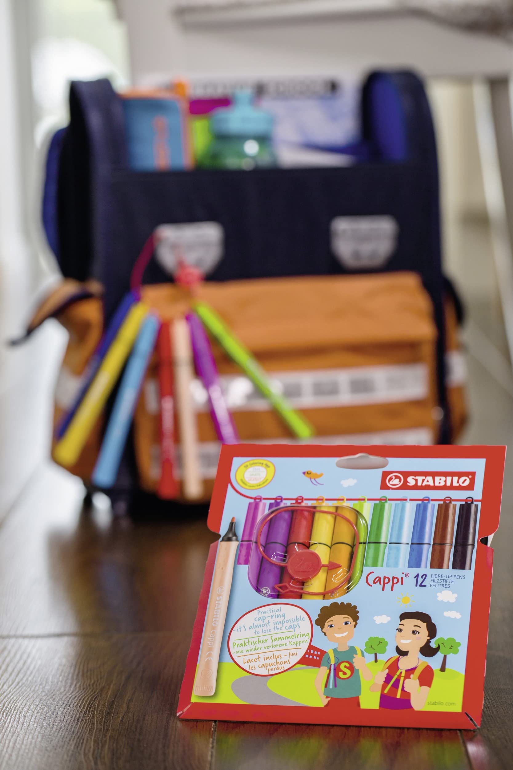 STABILO Cappi Felt Tip Pen Wallet - 12 Assorted Colors with Cap Ring for Kids 10