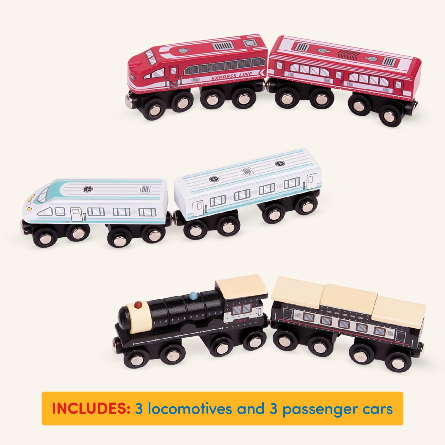 Battat Classic Magnetic Wooden Trains Set - 6 Pieces Railroad Collection | Ages 3+ 4