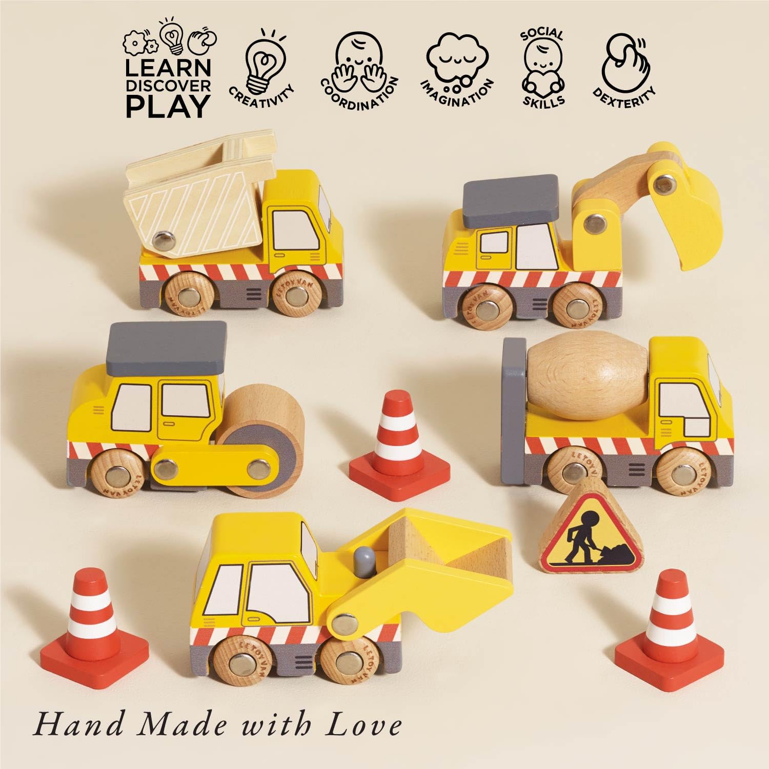 Le Toy Van Construction Vehicles Pretend Play Set with Crane, Digger, Roller | Age 3+ 3