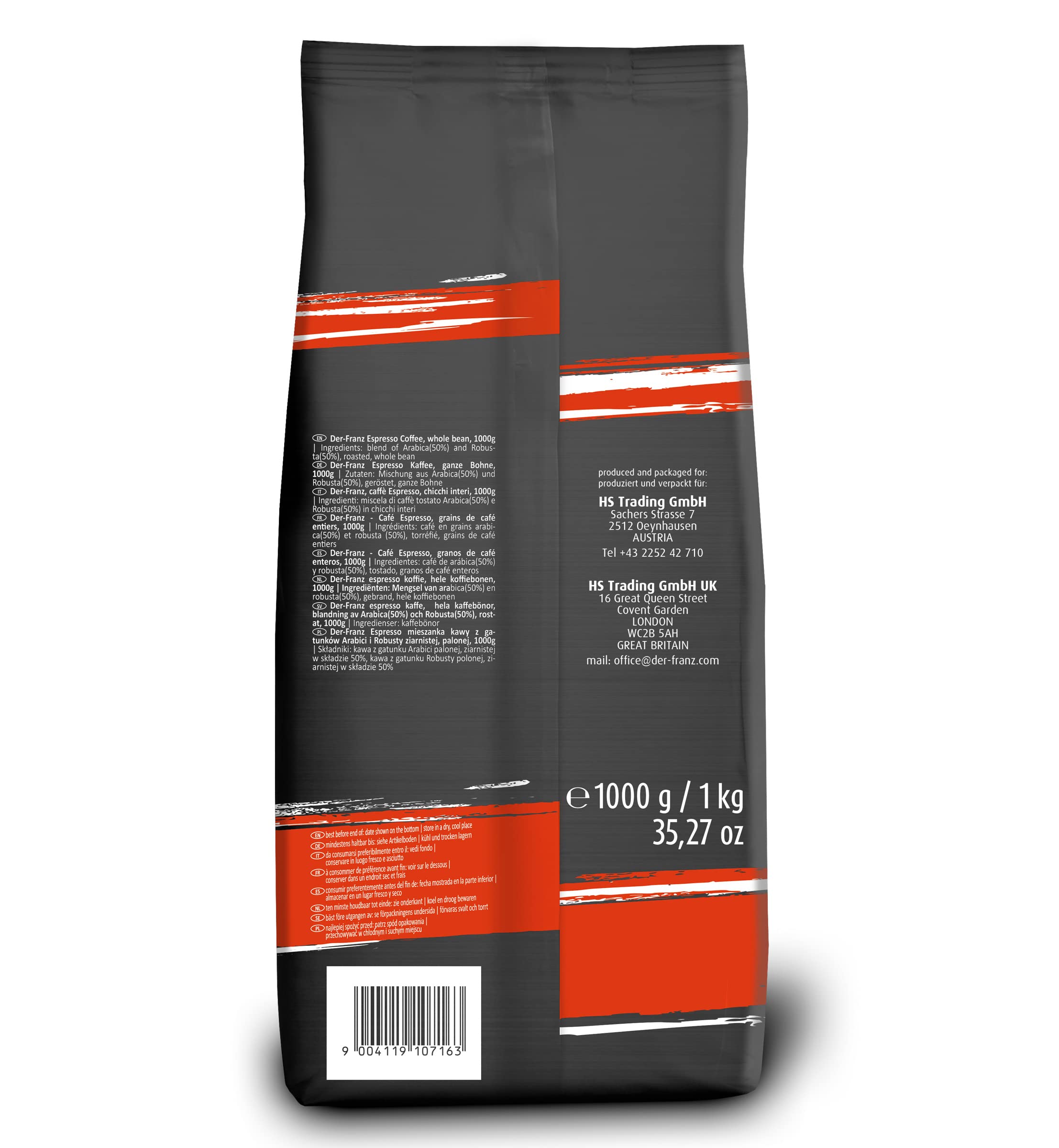 Der-Franz Espresso Whole Coffee Beans - 50% Arabica/50% Robusta | Intensity 5/5 | 1000g