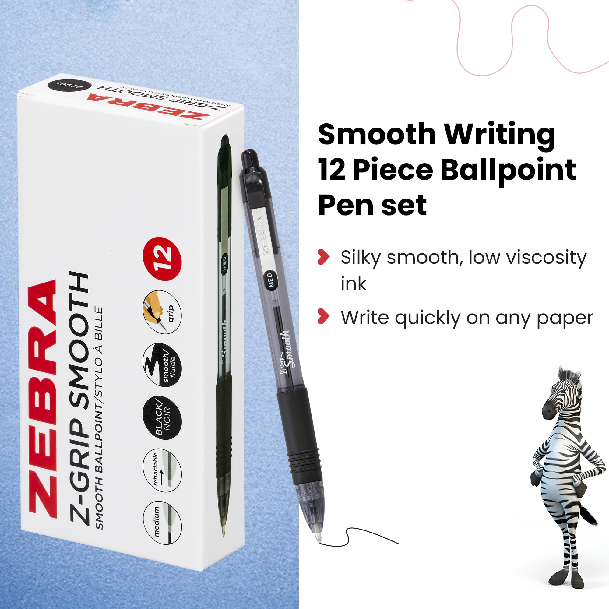 Zebra Pen Z Grip Ballpoint Pens - Medium Point, Smooth Writing, Comfort Grip | 12pk Black Ink 3
